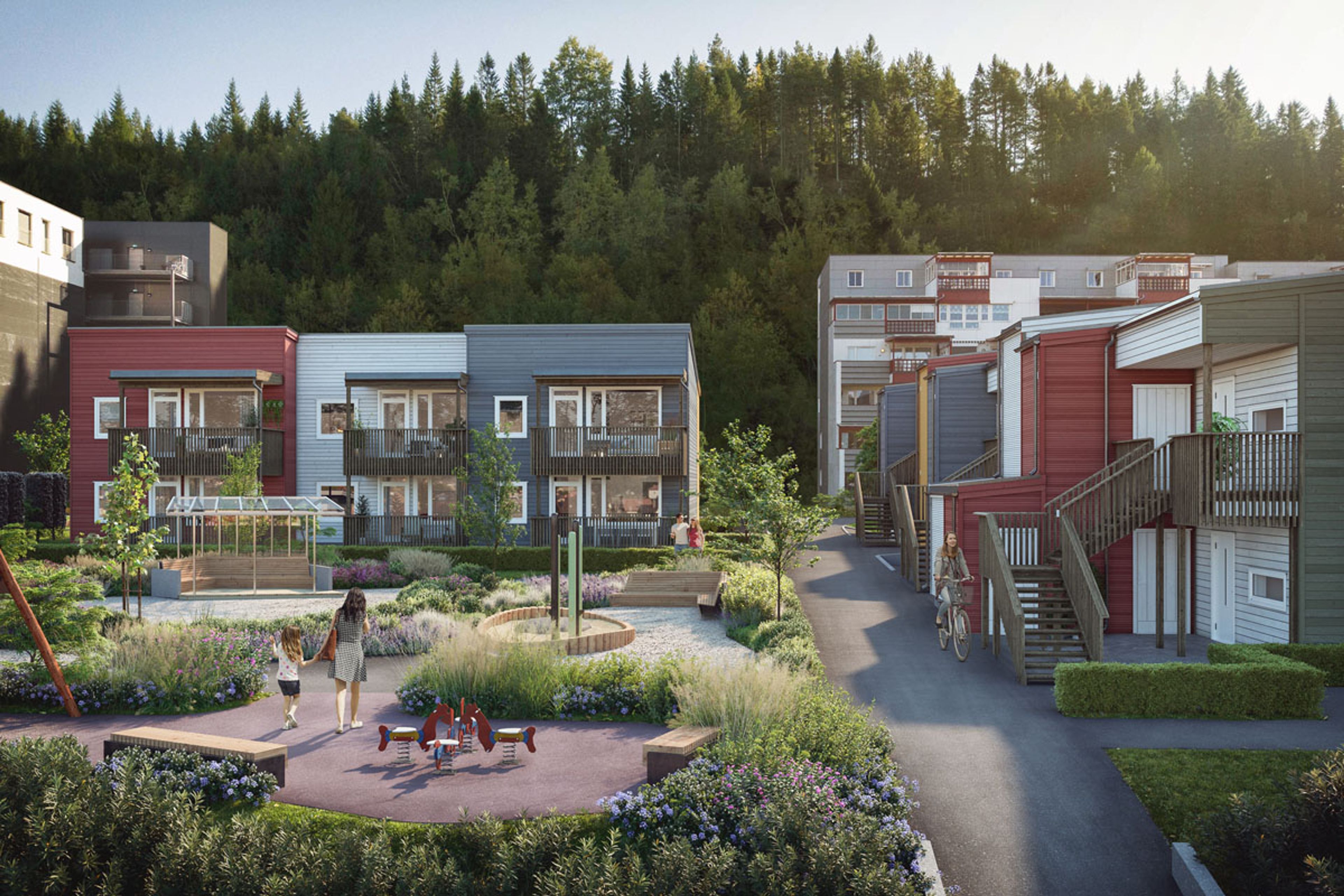 Illustrasjon av framtidige eneboliger fra OBOS Block Watne.
