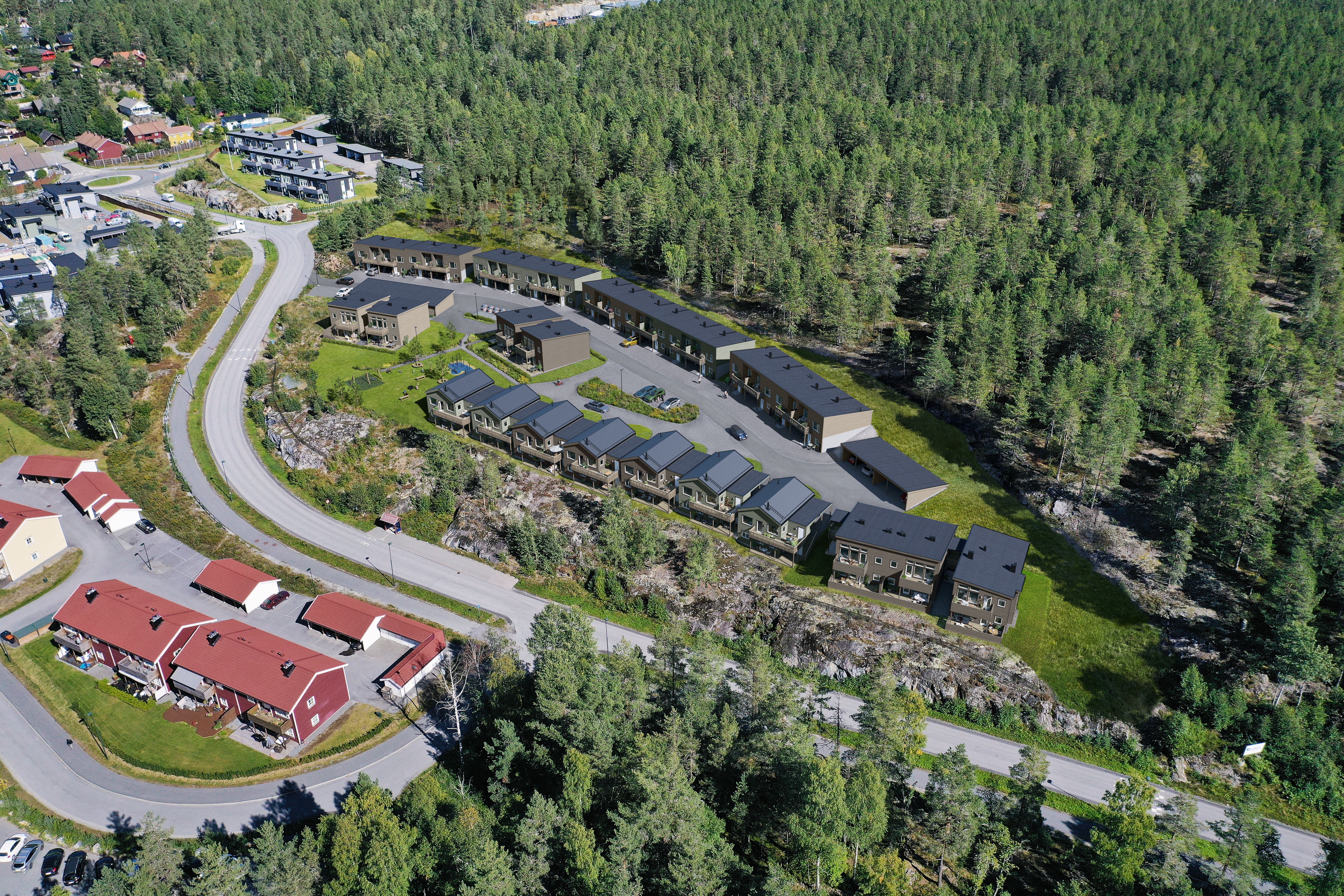 Oversikt over boligfeltet på Henckeltunet Park om sommeren
