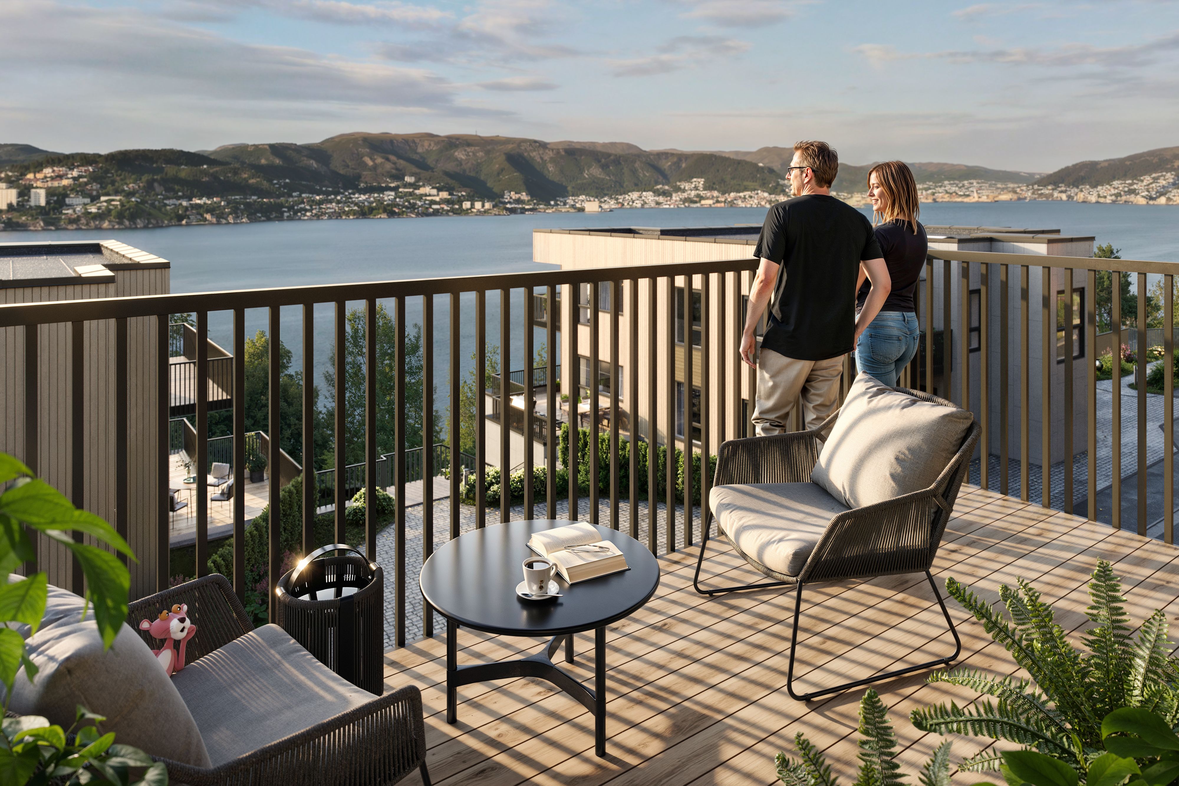 Illustrasjon av balkong, i leilighet i tredje etasje i hus C, på Byfjordporten.