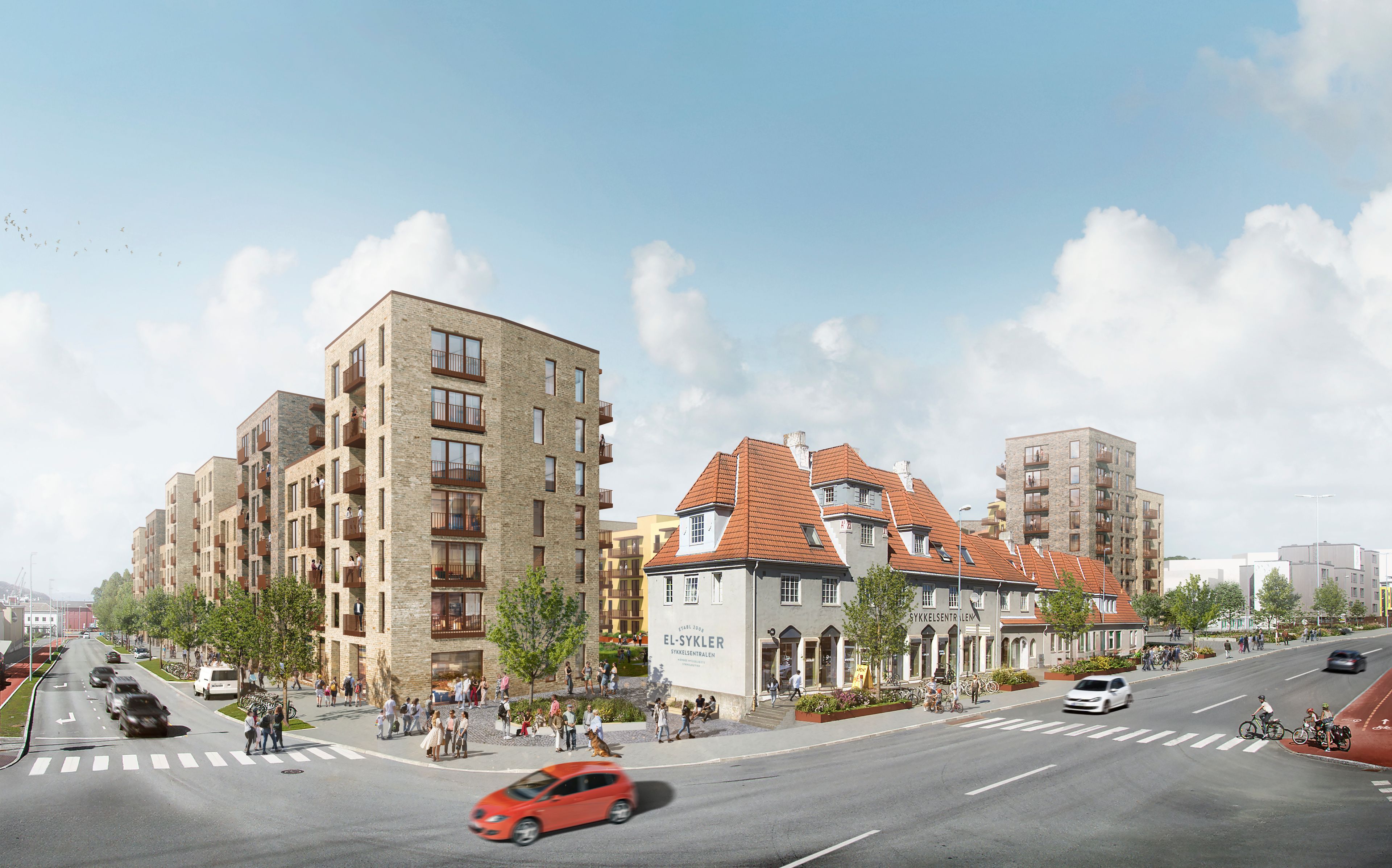 Illustrasjon av boligprosjektet Jarlheim med det gamle bygget til Sykkelsentralen.