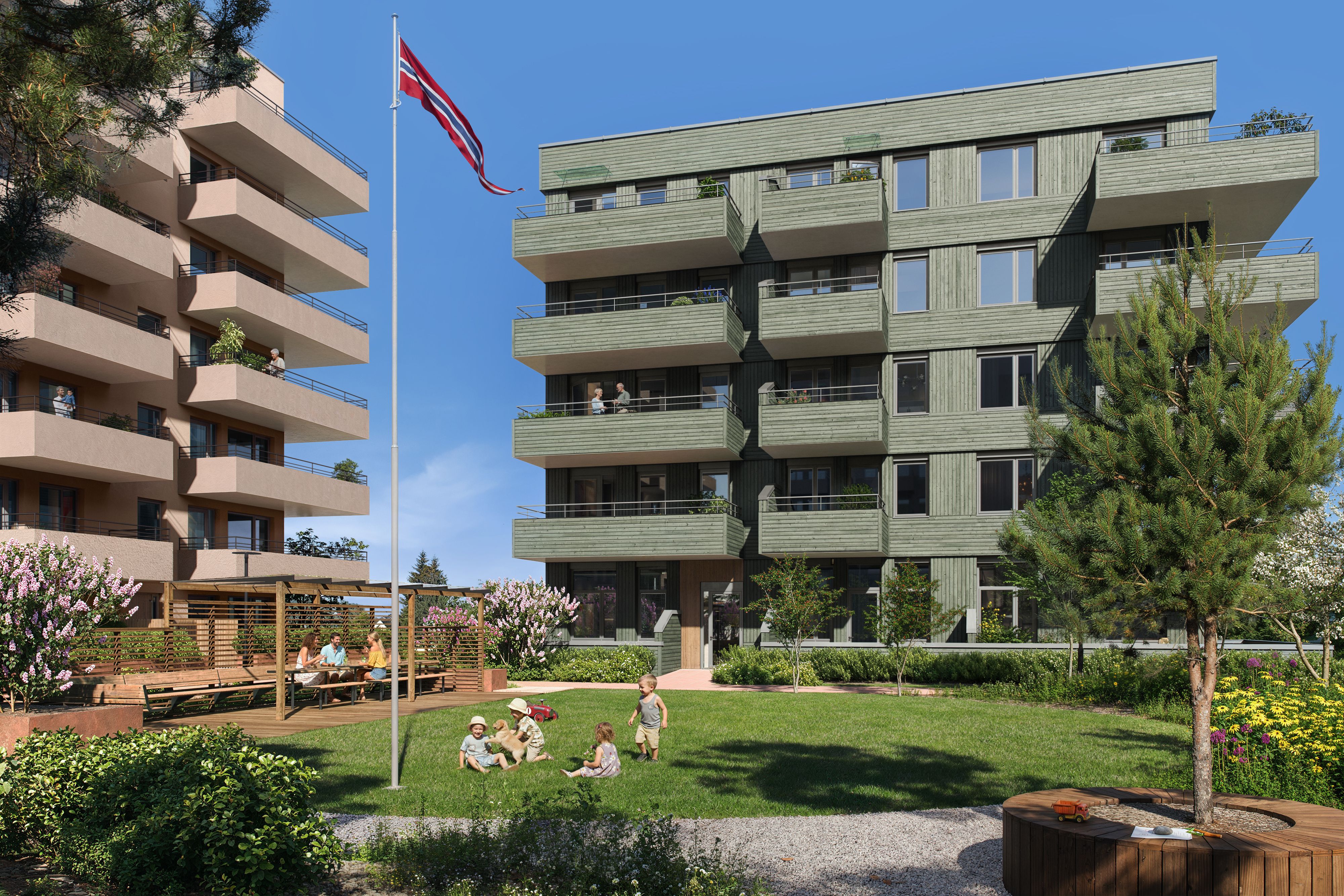Illustrasjon av fasade sett fra gårdsrom, på Torghagen, Kvarteret.