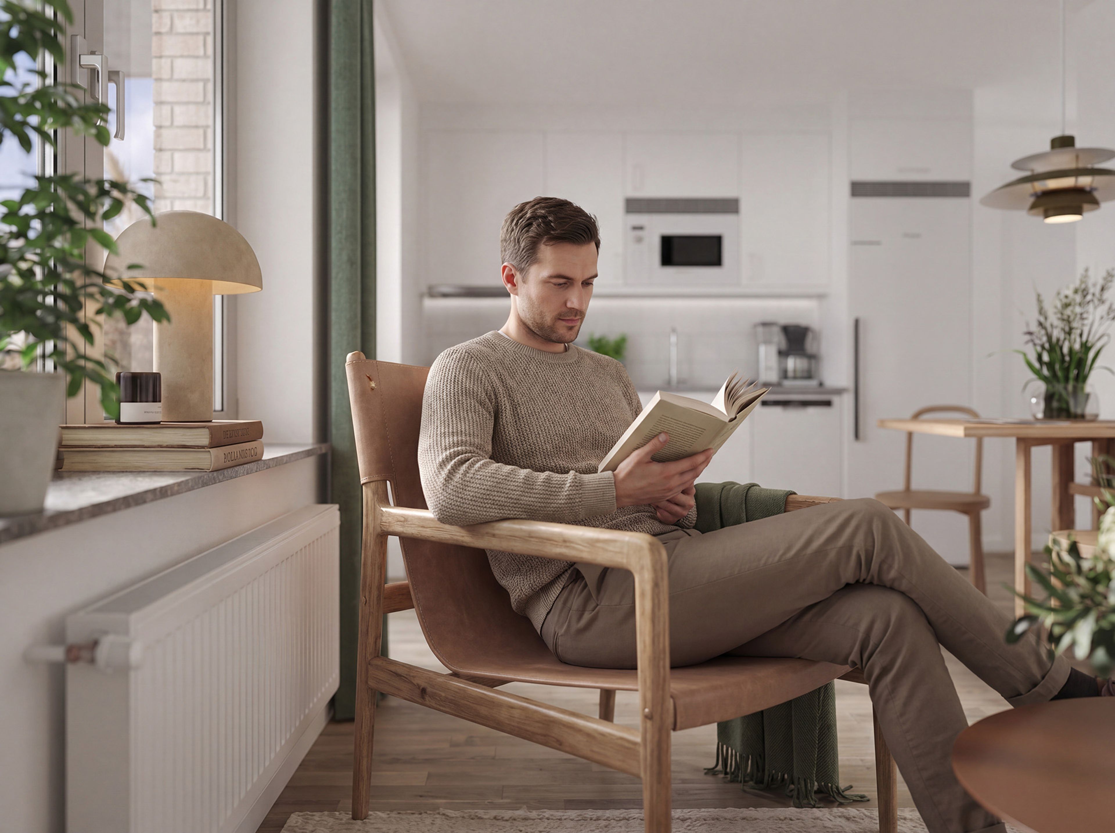 Detaljbild man som läser en bok i fåtölj i en ettrumslägenhet