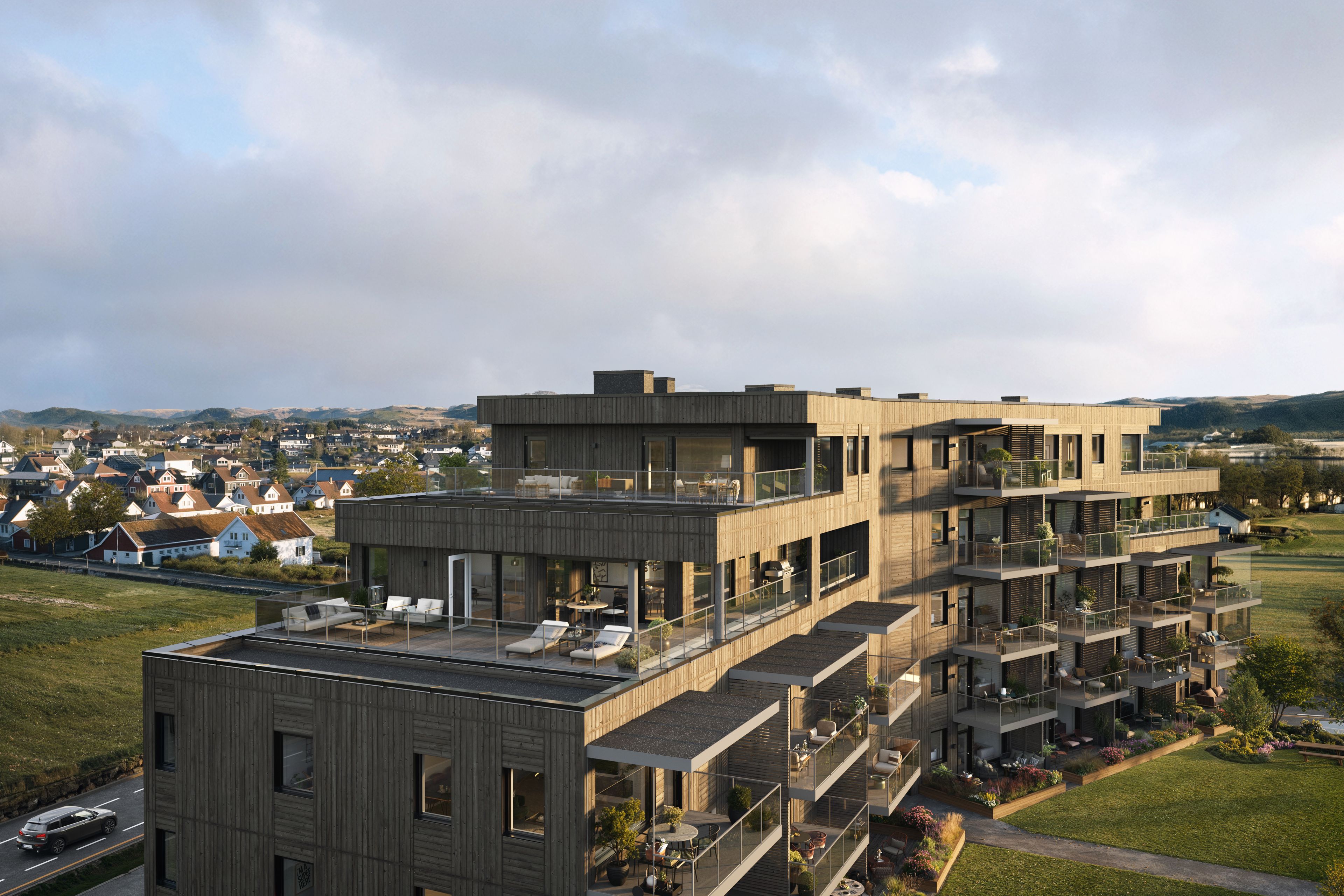 Illustrasjon av takterrasse på toppen av boligprosjektet Stasjonshøyden.