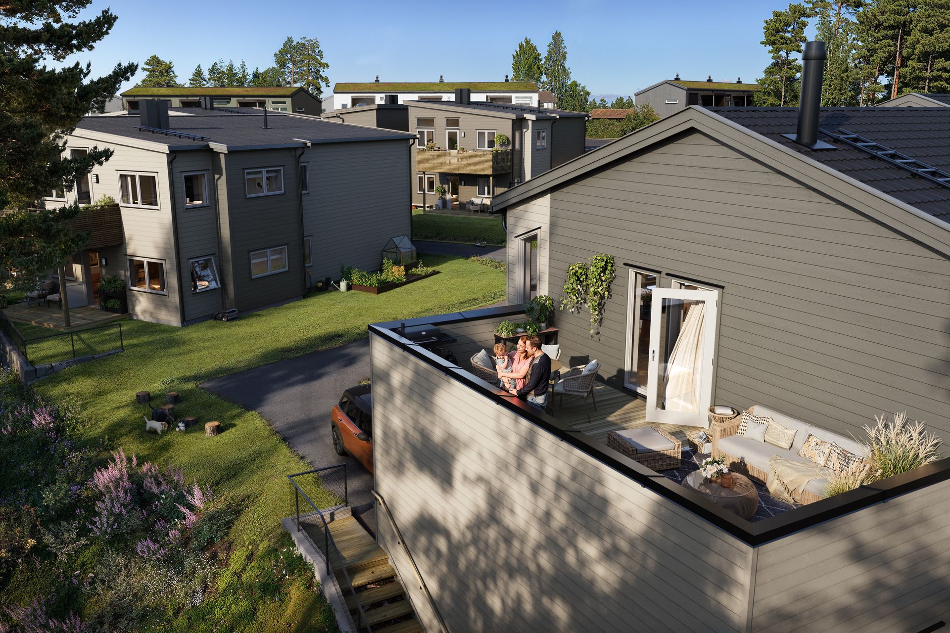Illustrasjon av balkong i enebolig i kjede, hus 6, på Eltonåsen Syd