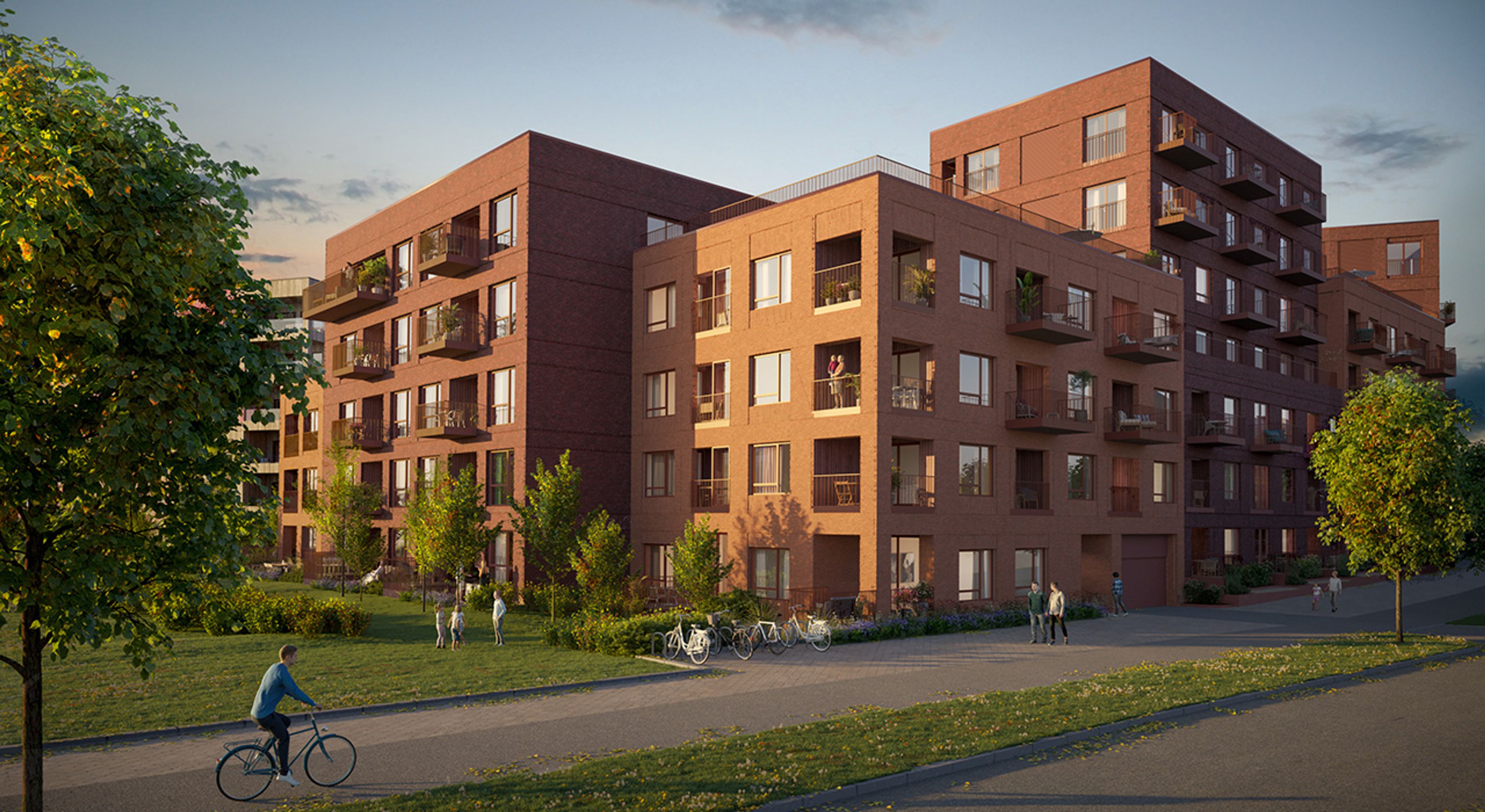 Illustrasjon av fasaden til Nansenløkka i solnedgangen.