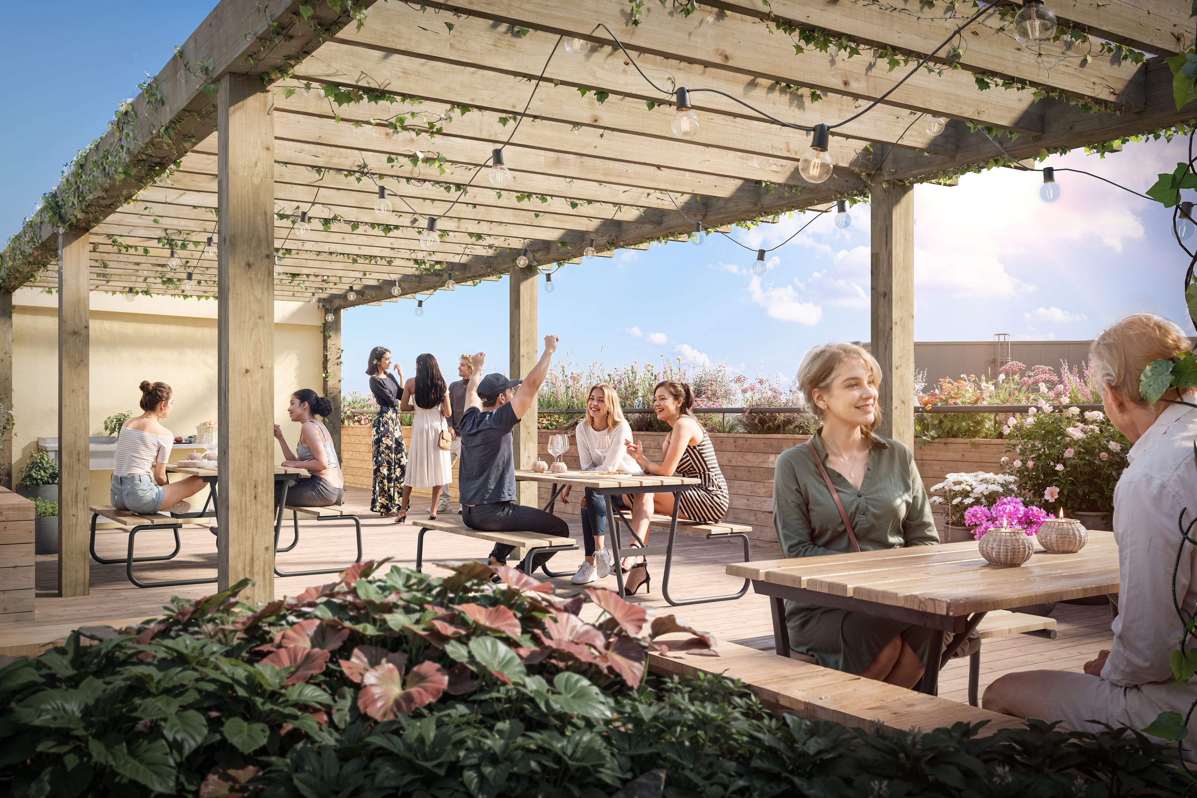 Illustrasjon av en felles takterrasse med mennesker som sitter på benker i boligprosjektet Ulvenplassen