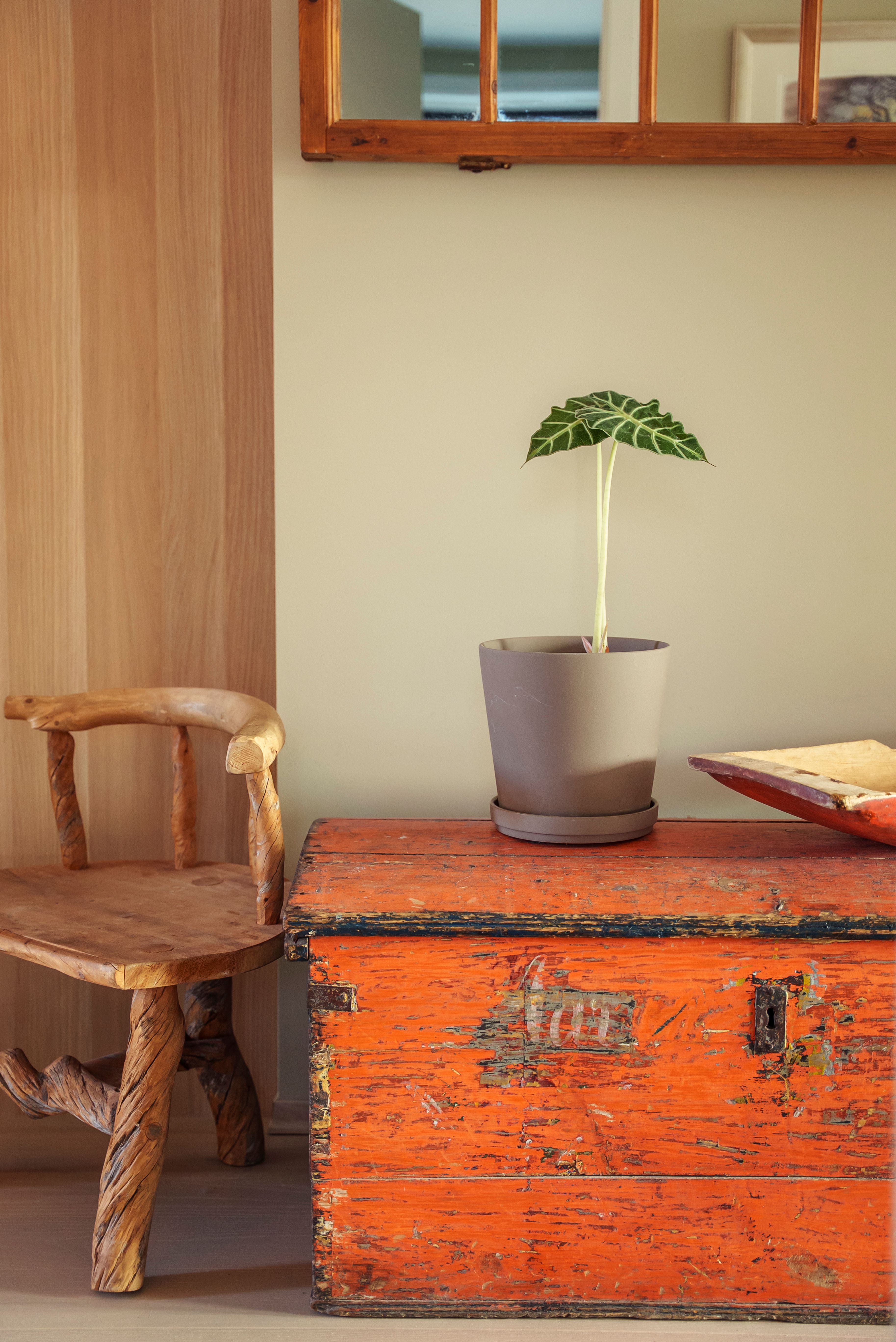 Nærbilde av gangen til Bente og Arne med en oransje kiste i fokus