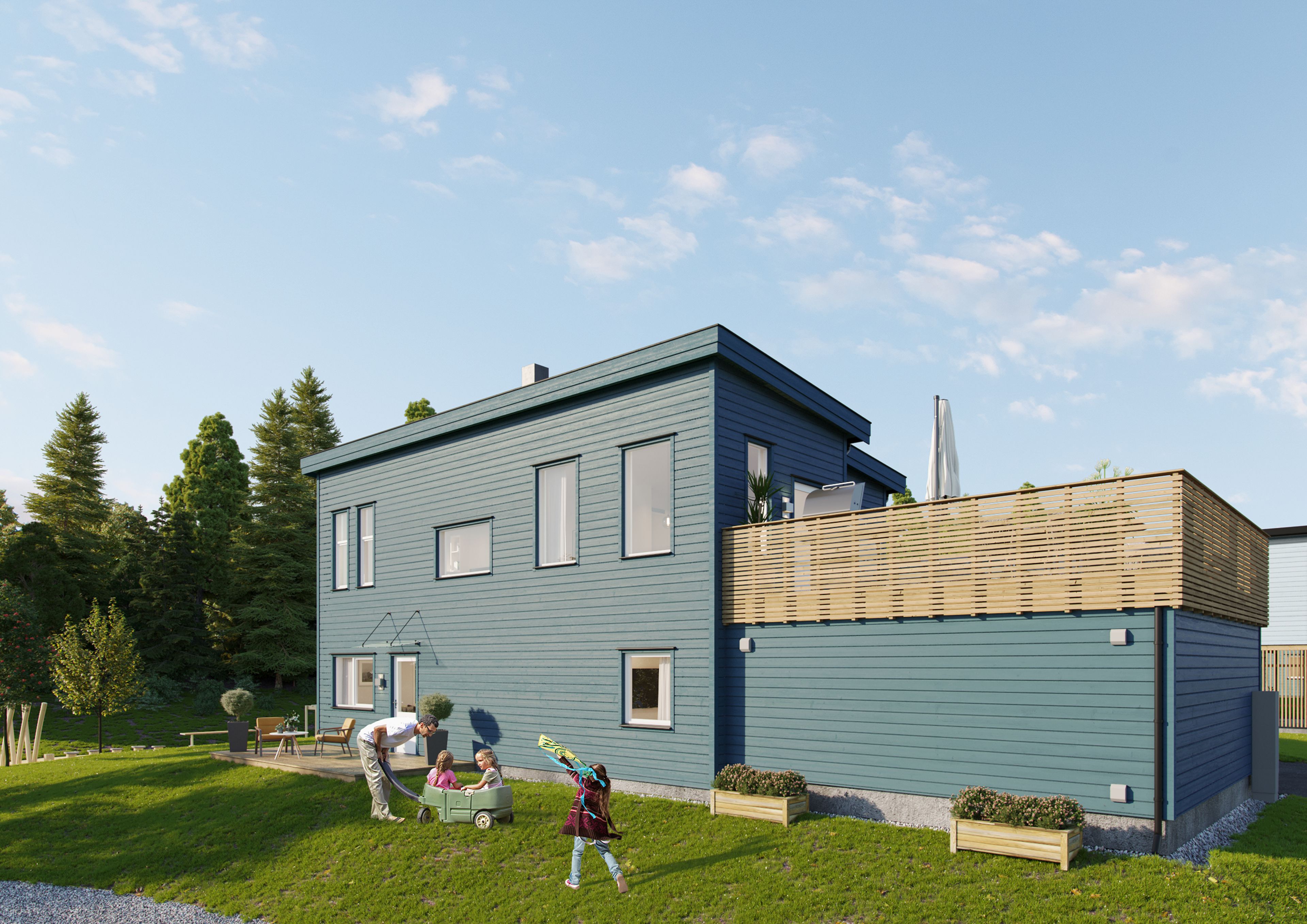 Illustrasjon av fasade på enebolig, hus 17, på Pepperstad Terrasse