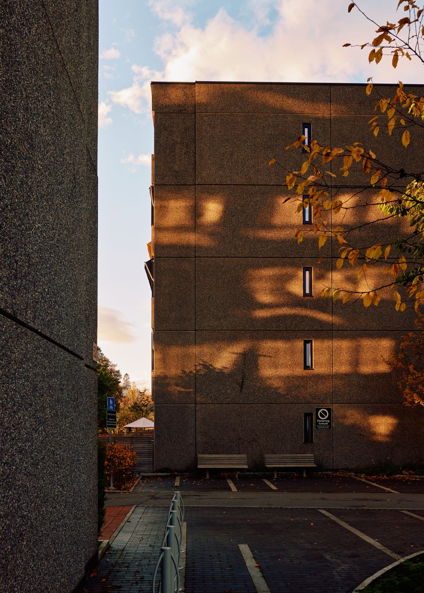 Bildet viser deler utearealer og fasade i Meklenborg borettslag.