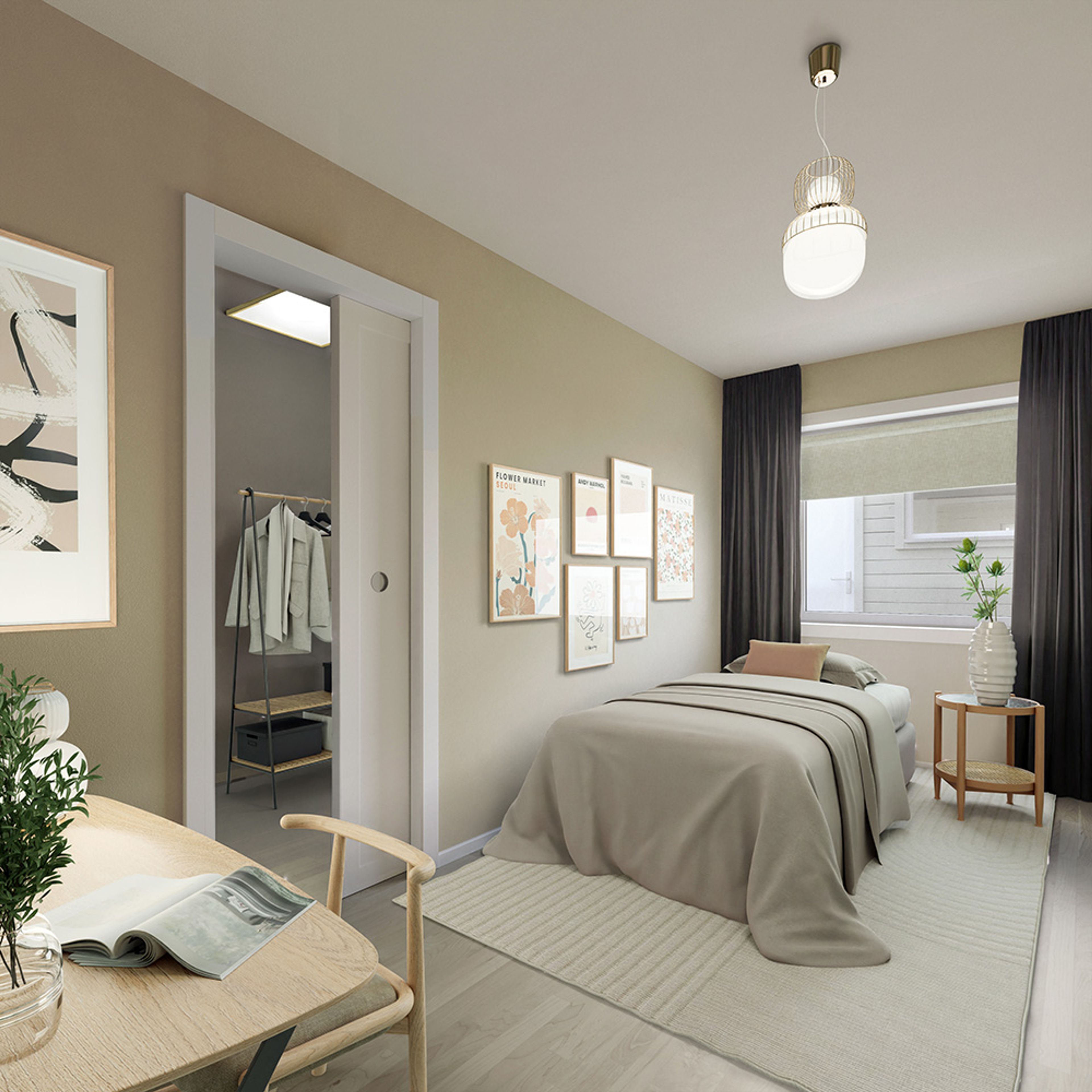 Illustrasjon av soverom med walk-in-garderobe i enebolig, hus 3, på Bjørnstad