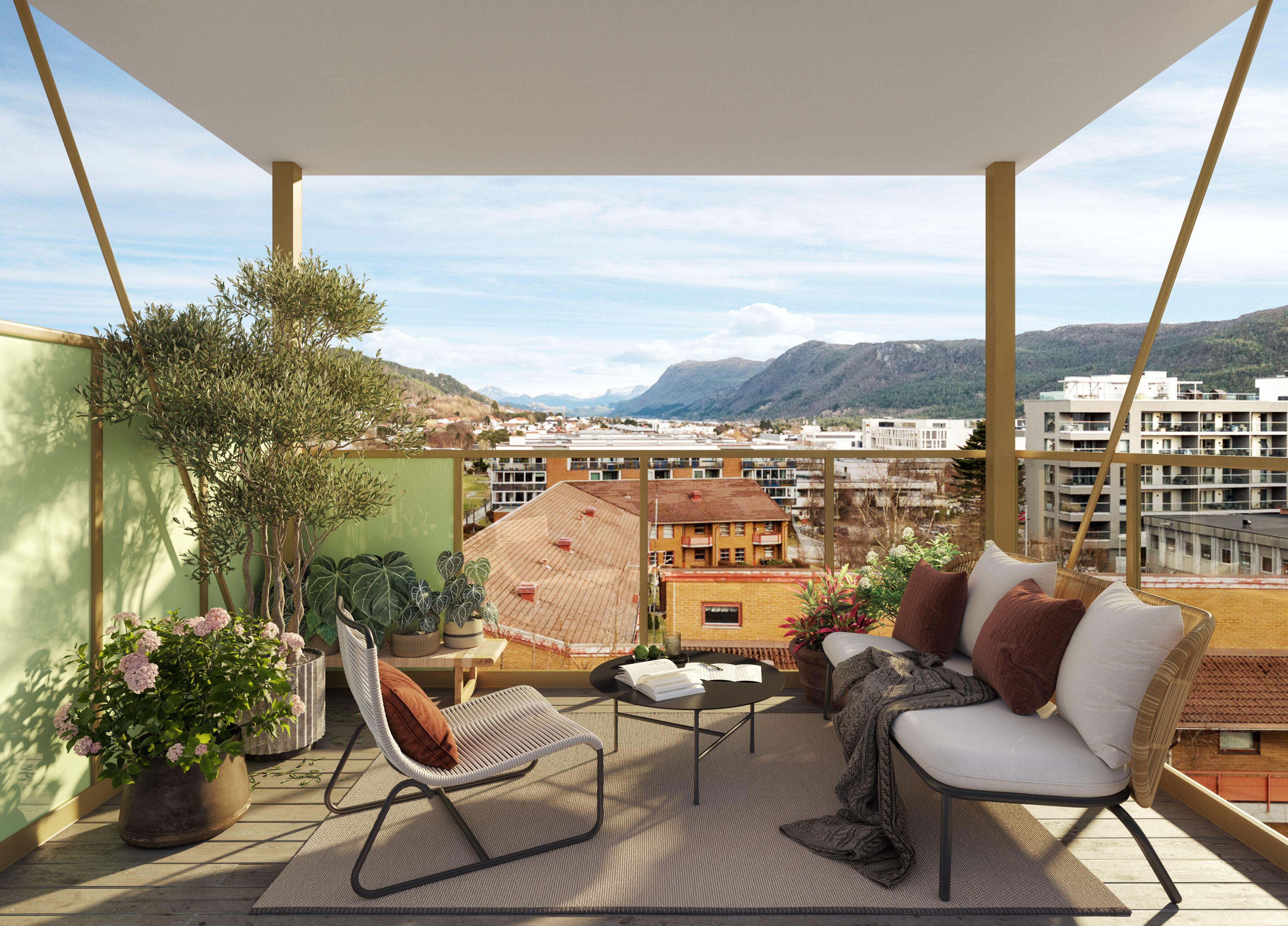 Illustrasjon av terrasse i leilighet i fjerde etasje, i boligprosjektet Vingårdsvingen