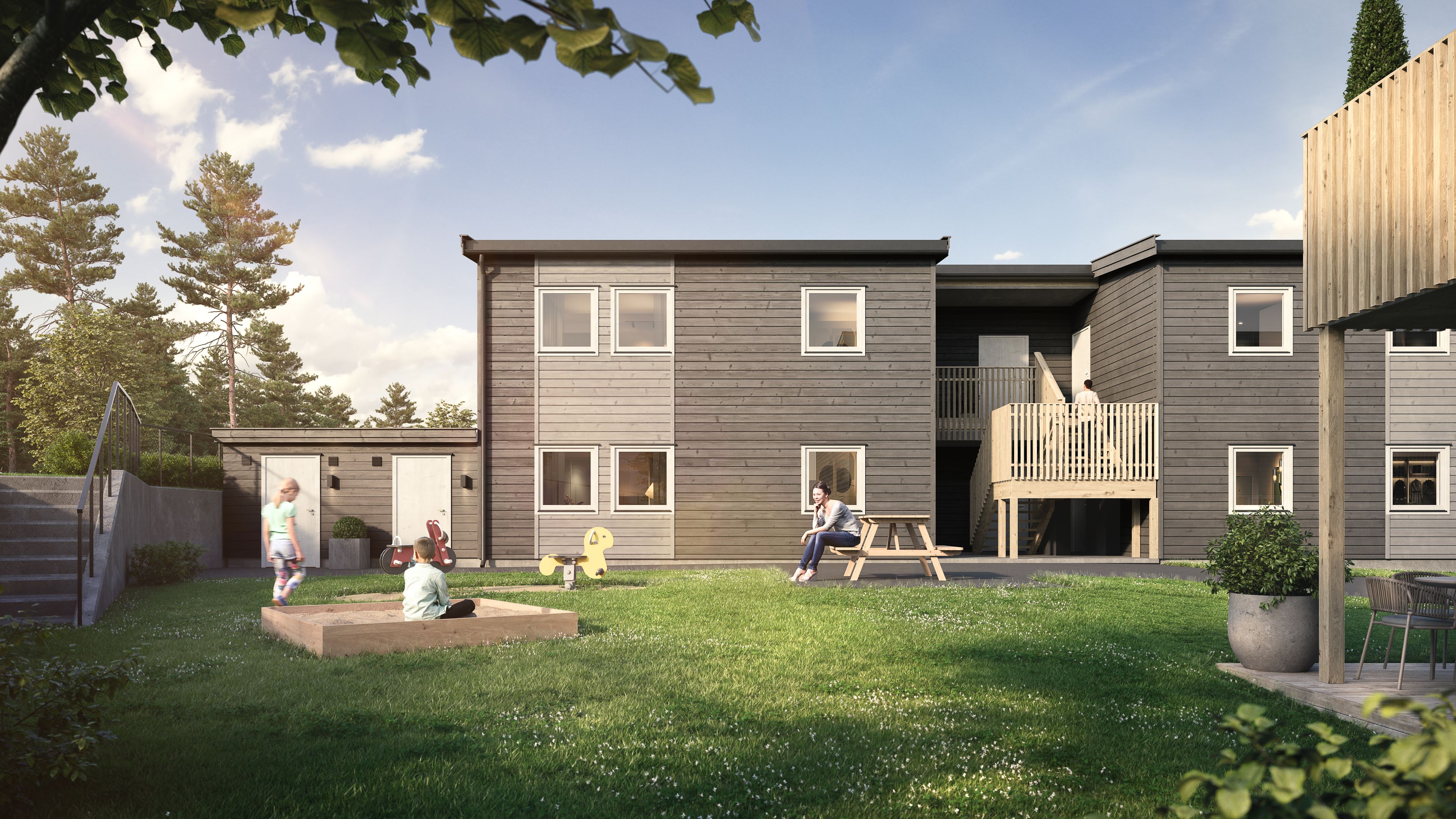 Illustrasjon av fasade på leilighetsbygg på Olbergåsen