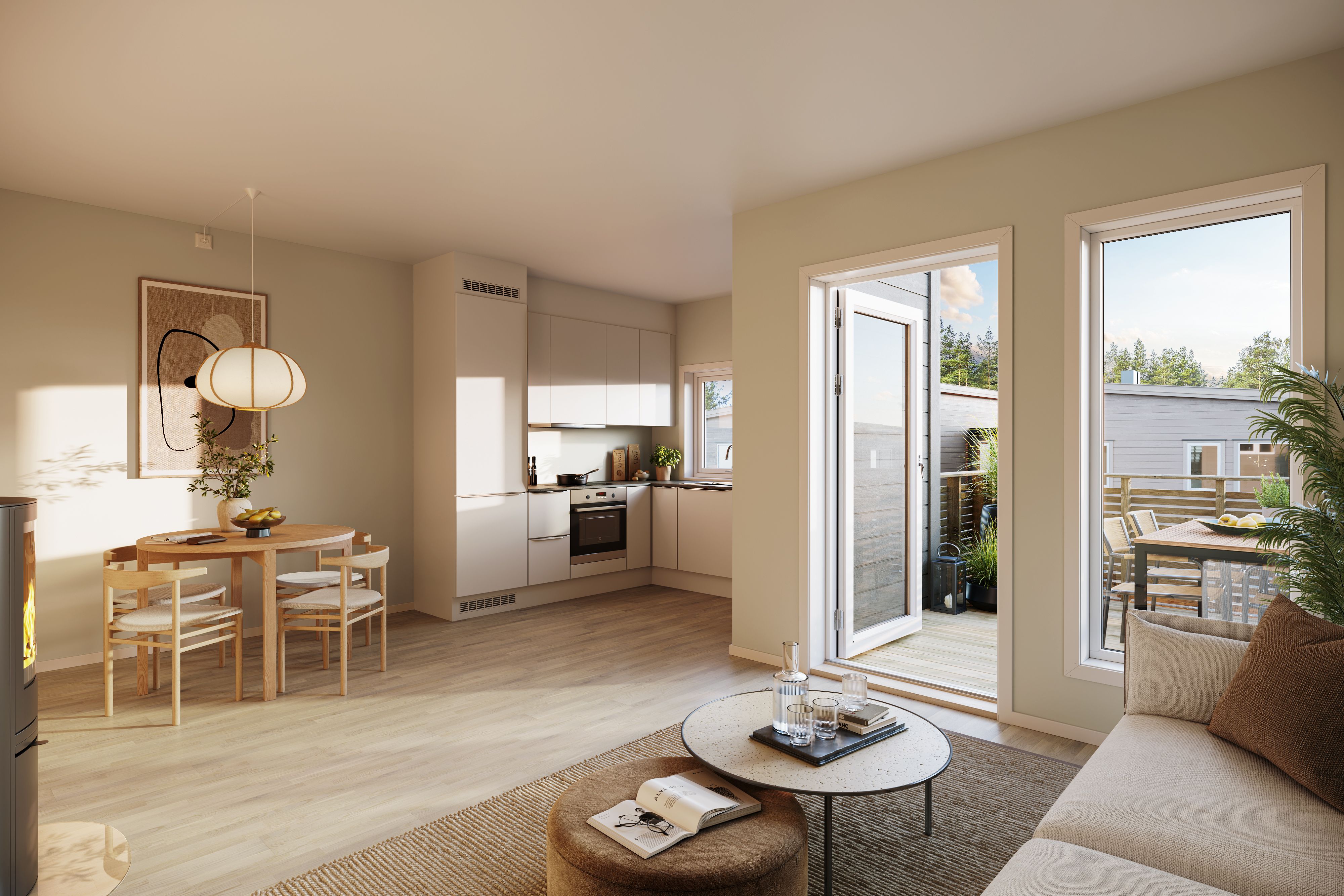 Illustrasjon av stue mot kjøkken og terrasse i hus 2 på Eltonåsen Syd BKS10