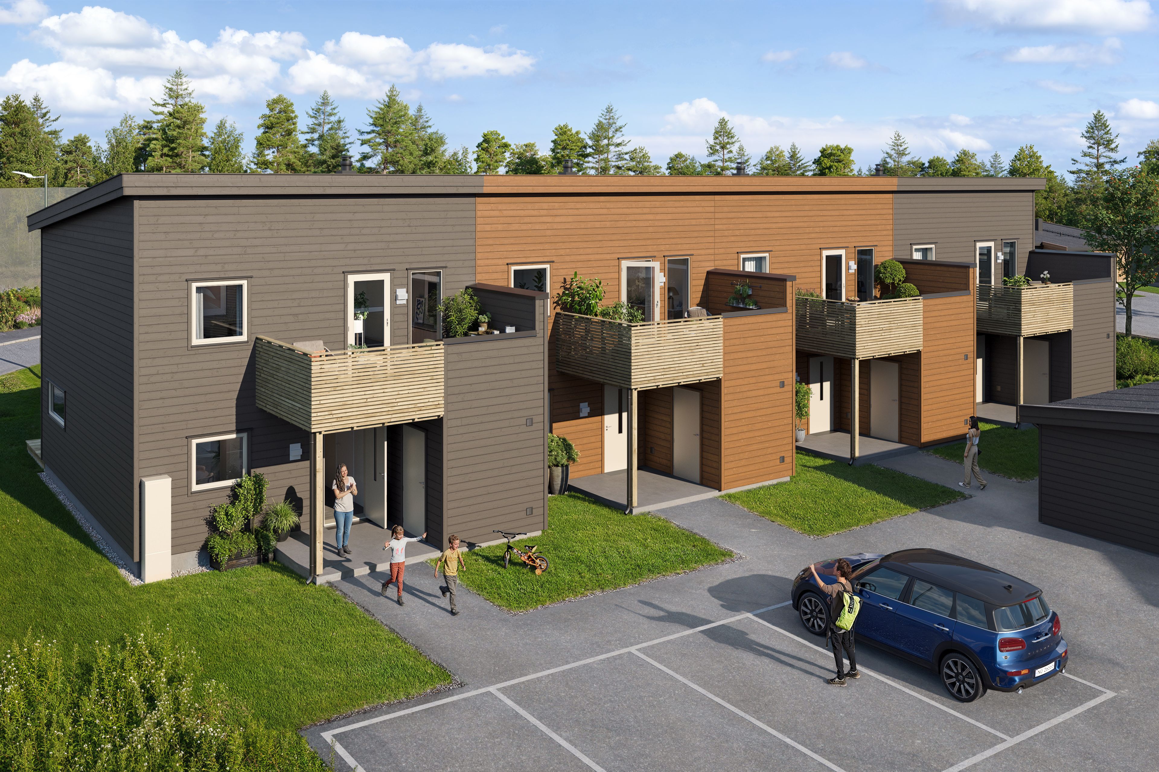Illustrasjon av fasade på rekkehus, hus 9, på Pepperstad Terrasse B6