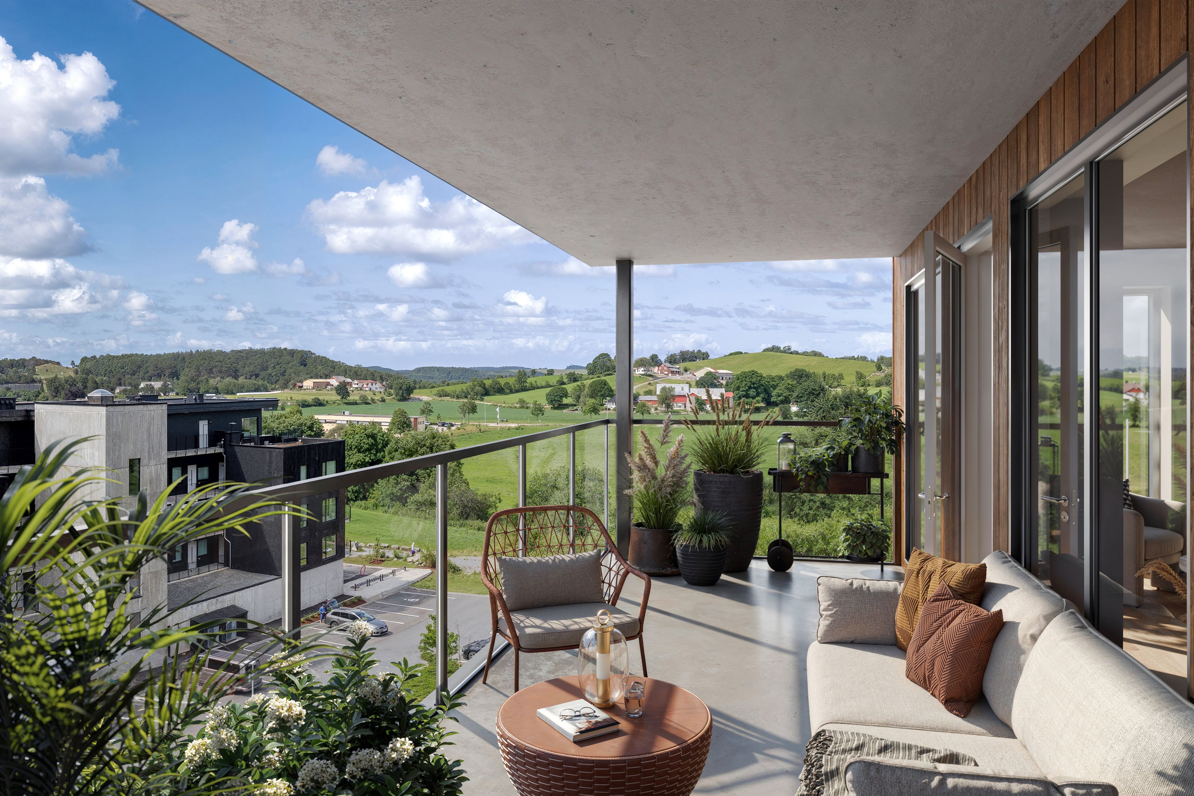 Illustrasjon av terrasse i leilighet 505 på Orstad Utsyn
