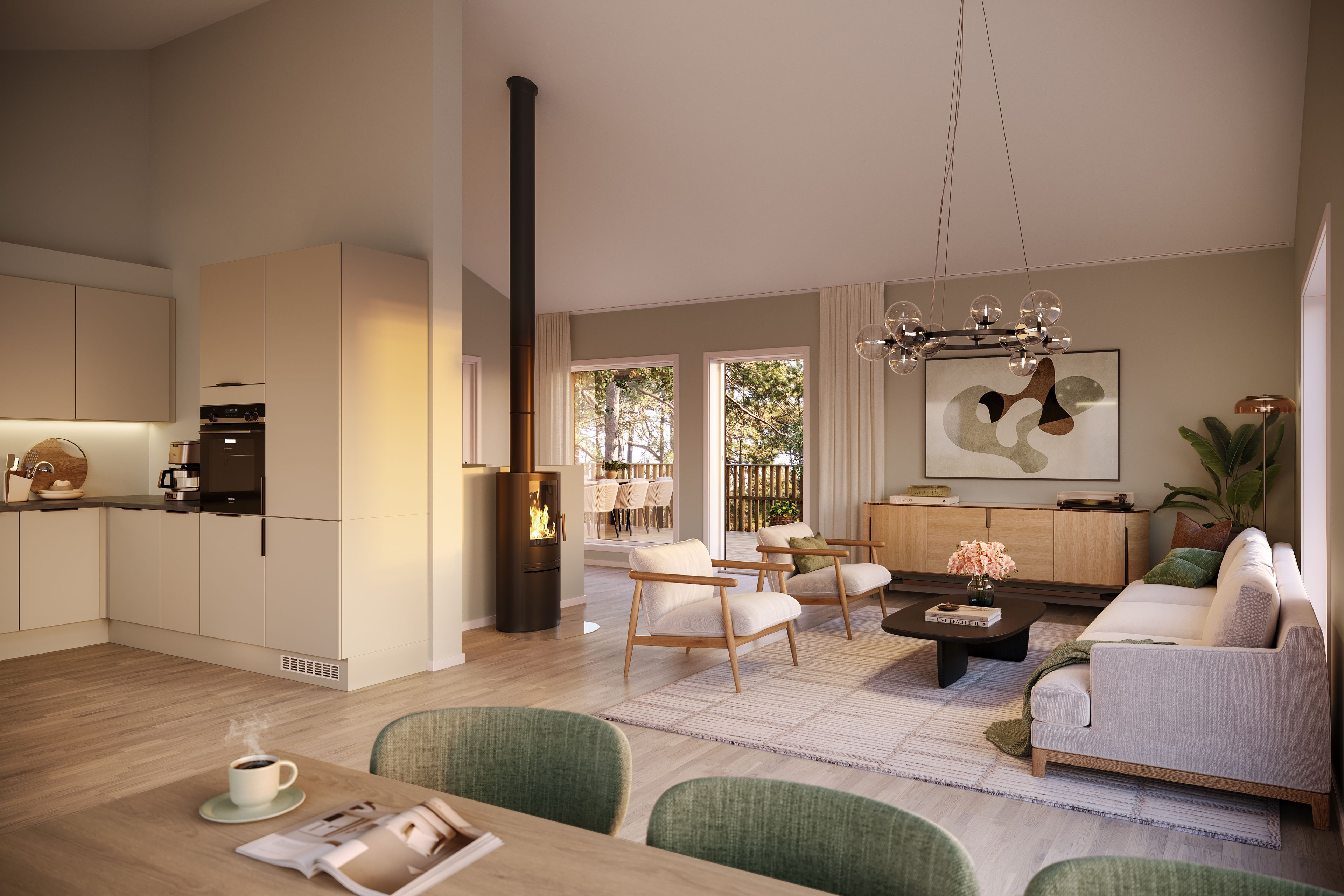 Illustrasjon av kjøkken og stue i frittliggende enebolig, hus 4, Strømnesåsen.