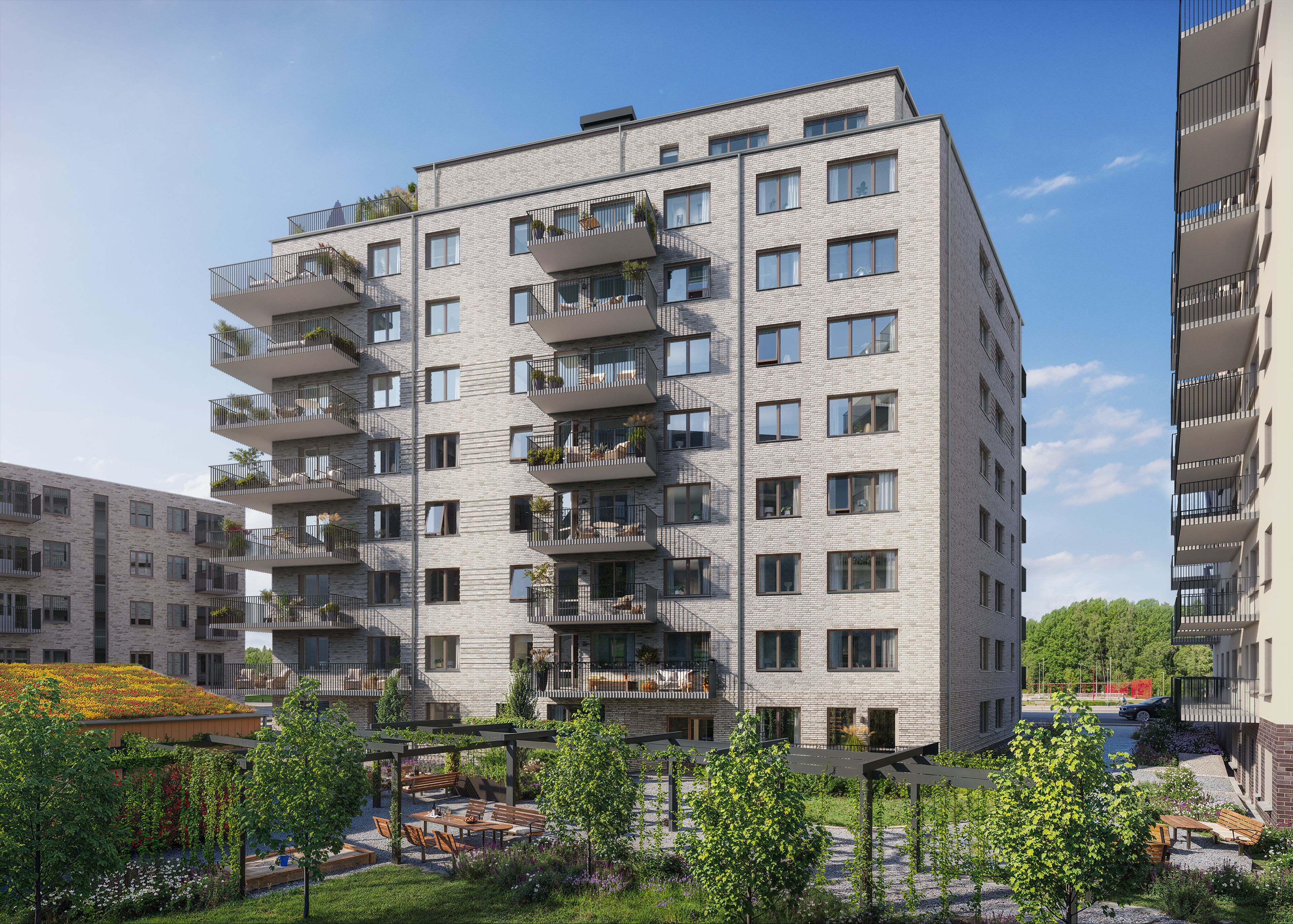 Flerbostadshus i Rosenlund Uppsala med ljust tegel och lummig innergård