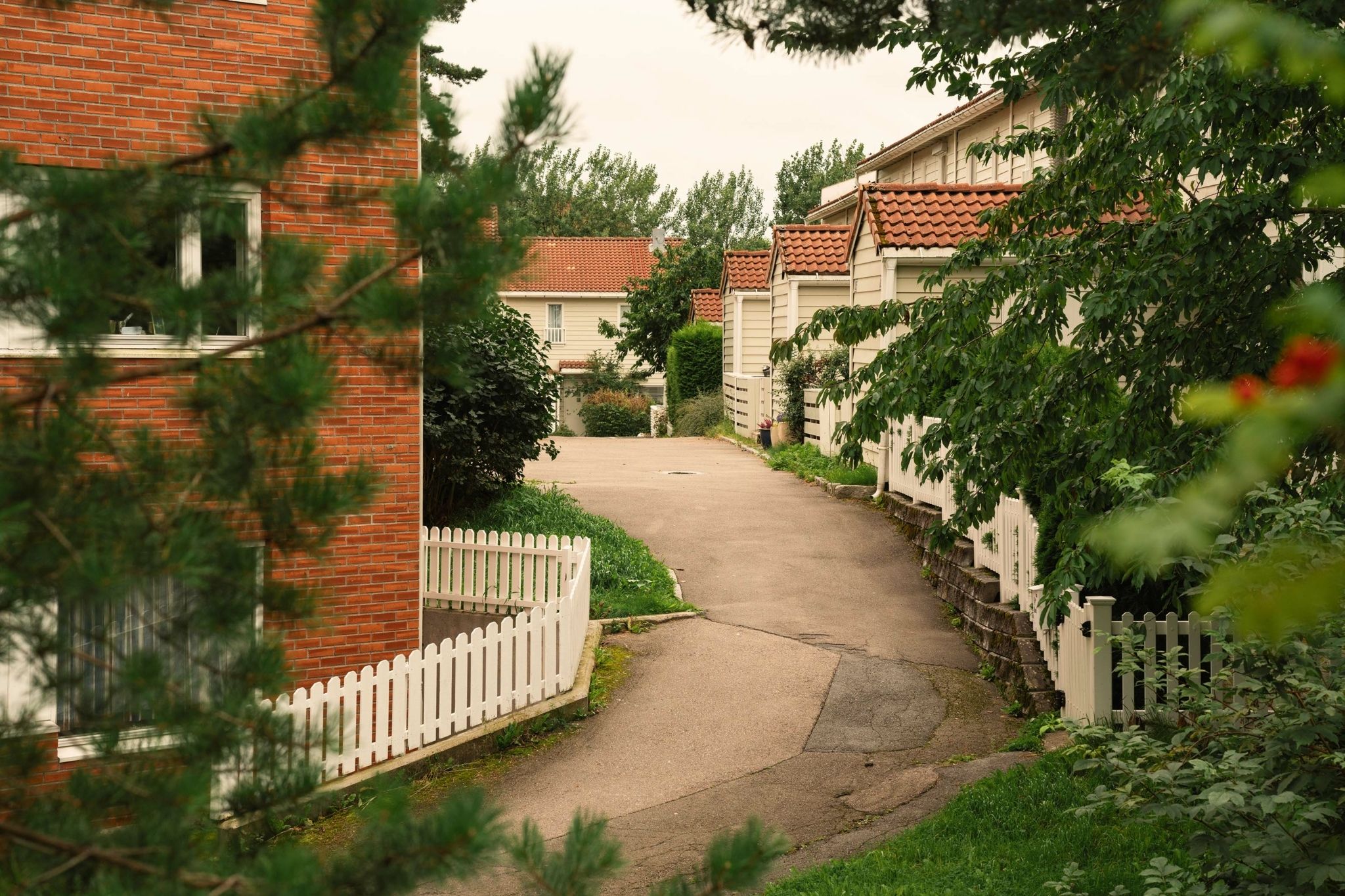 Foto av gangveien og noen av blokkene i Søndre Åsgården borettslag.