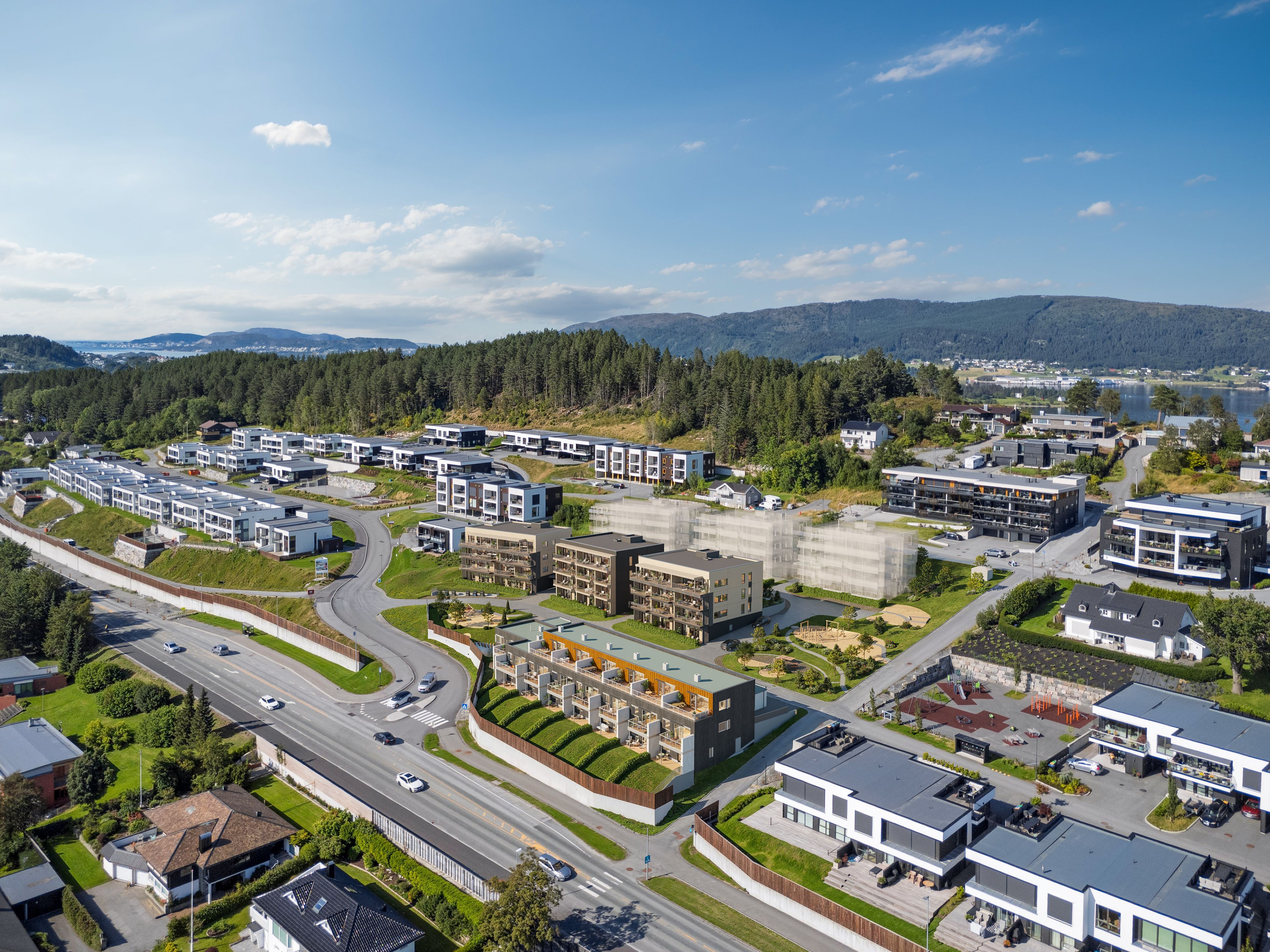 Oversiktsbilde med Hus A, B og C midt i bildet.