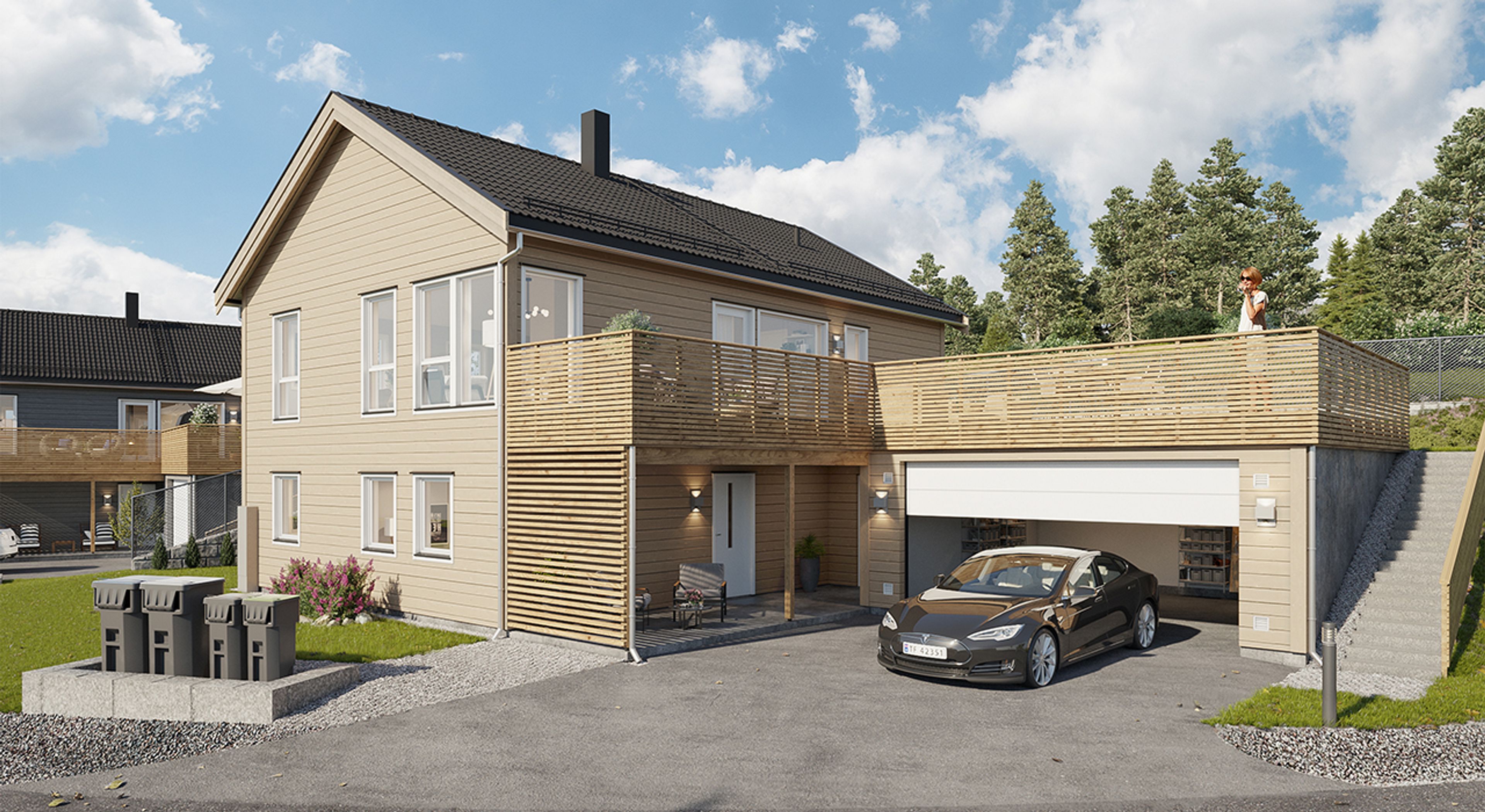 Illustrasjon av fasade på enebolig (hus 7 og 9) i Blåbærslynga på Villa Havblikk, trinn 4