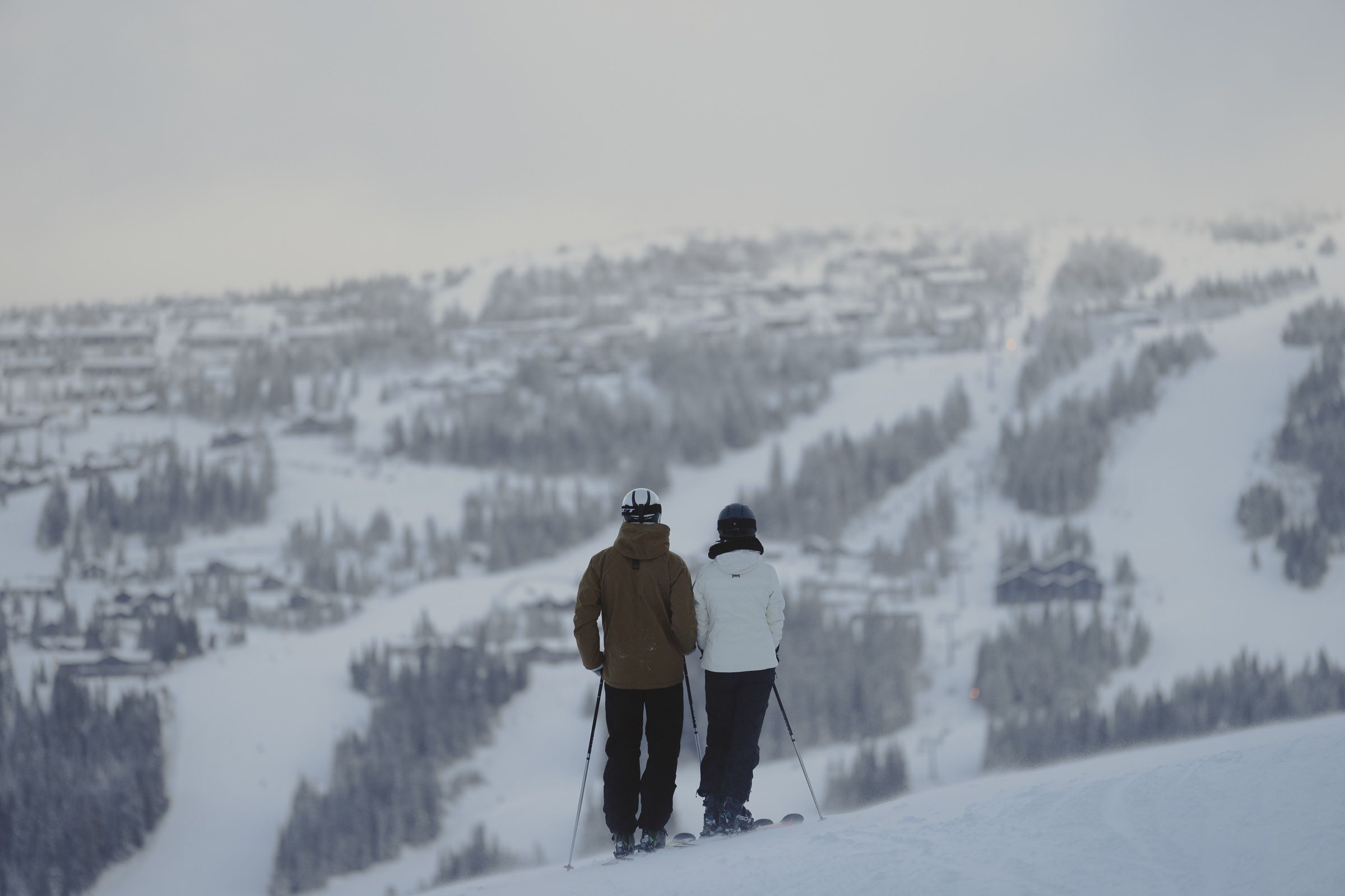 To personer skuer utover fjellet. De har ski på beina.