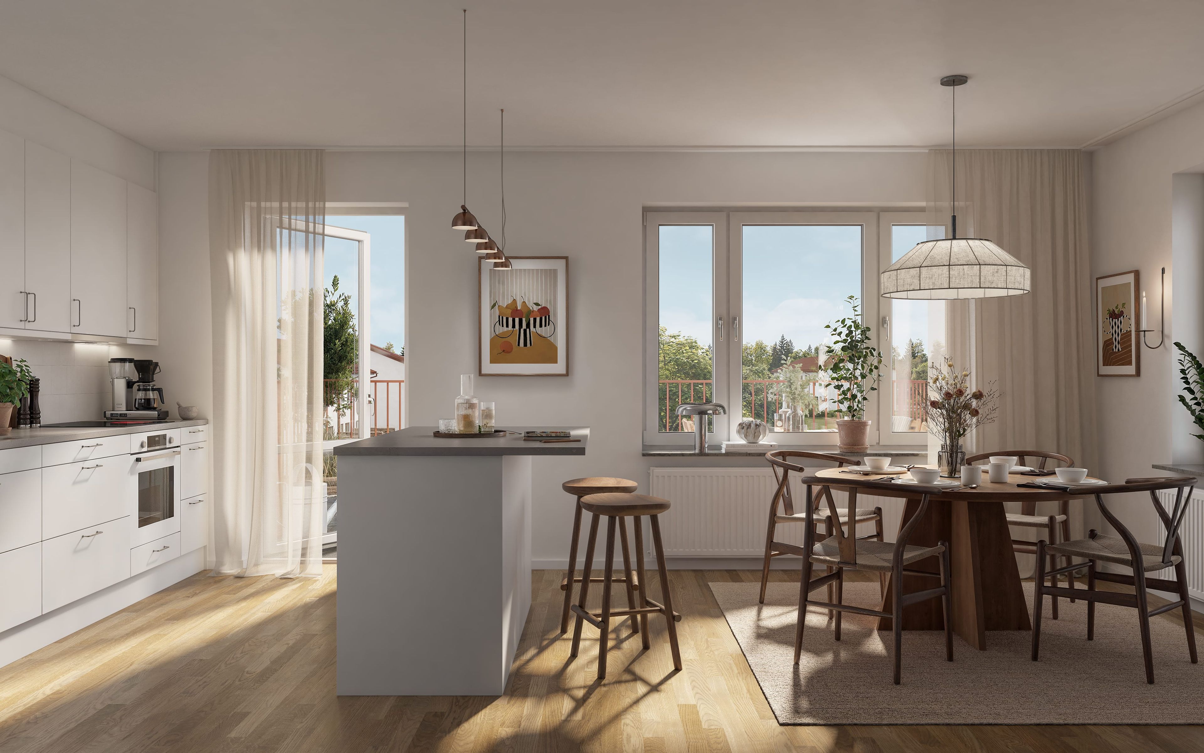 Illustrationsbild av ett kök med köksö och matplats