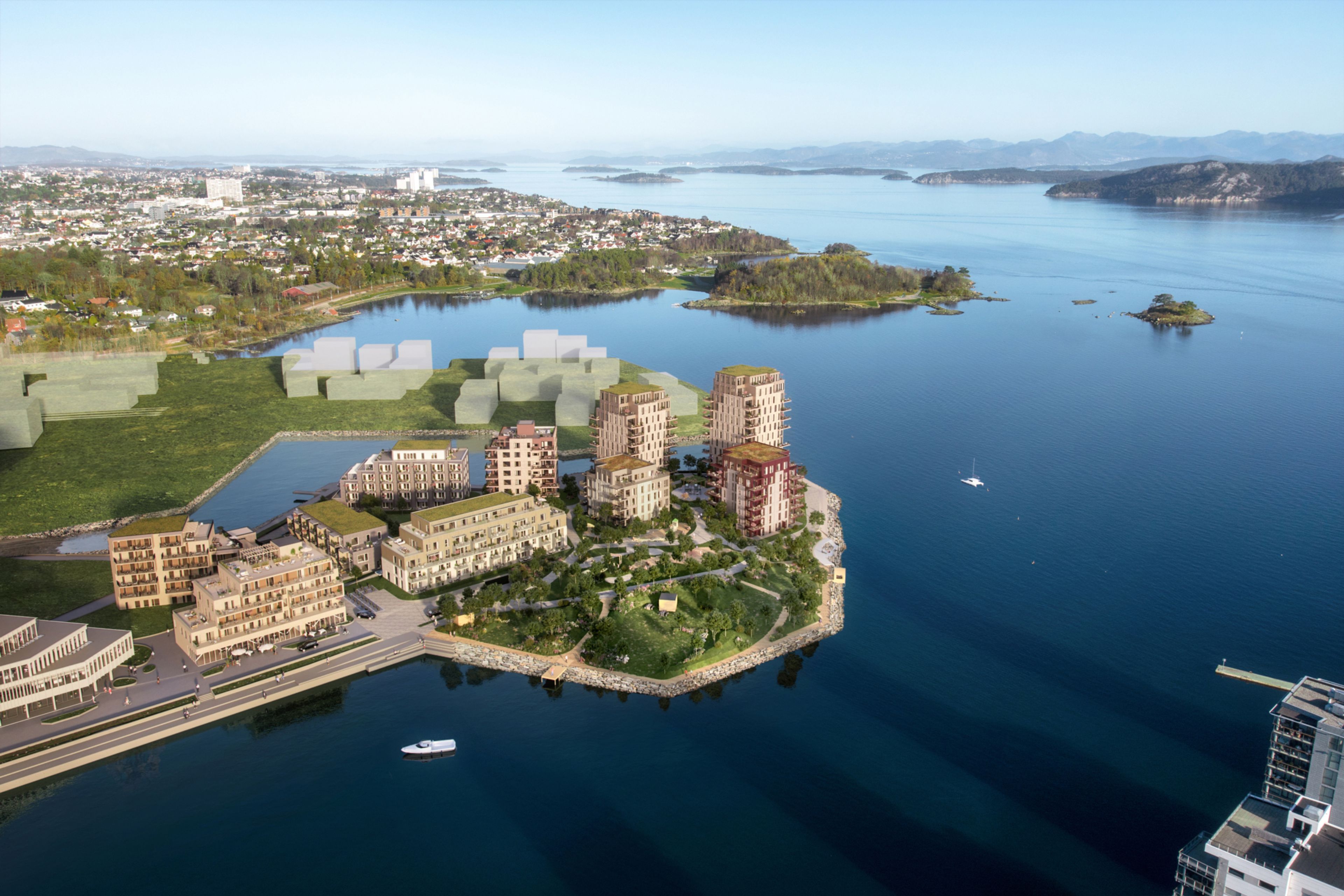 Illustrasjon av boligprosjektet Odden i Hinna Park med fjorden og eksisterende bebyggelse.