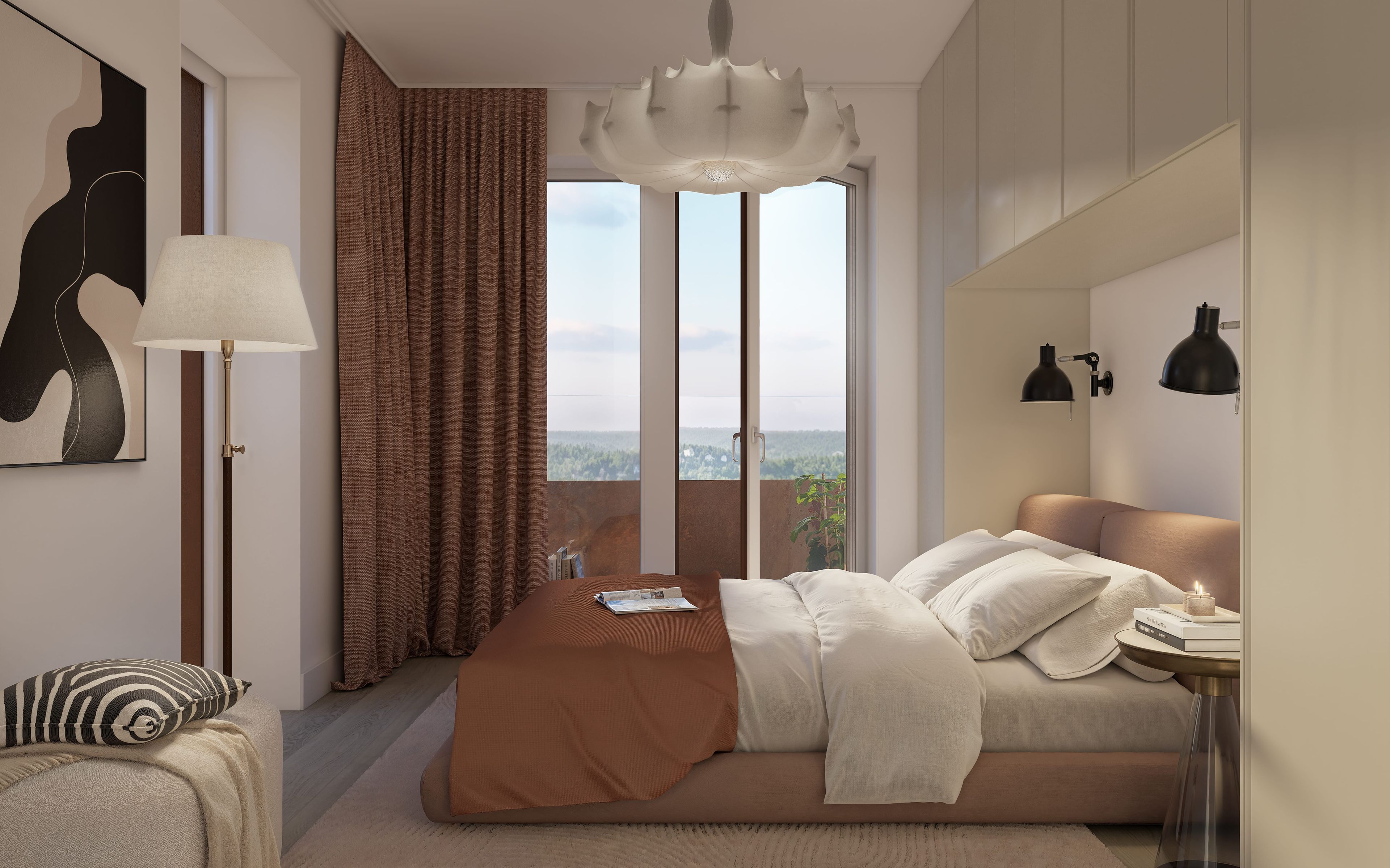 Stadsljus sovrum med utsikt