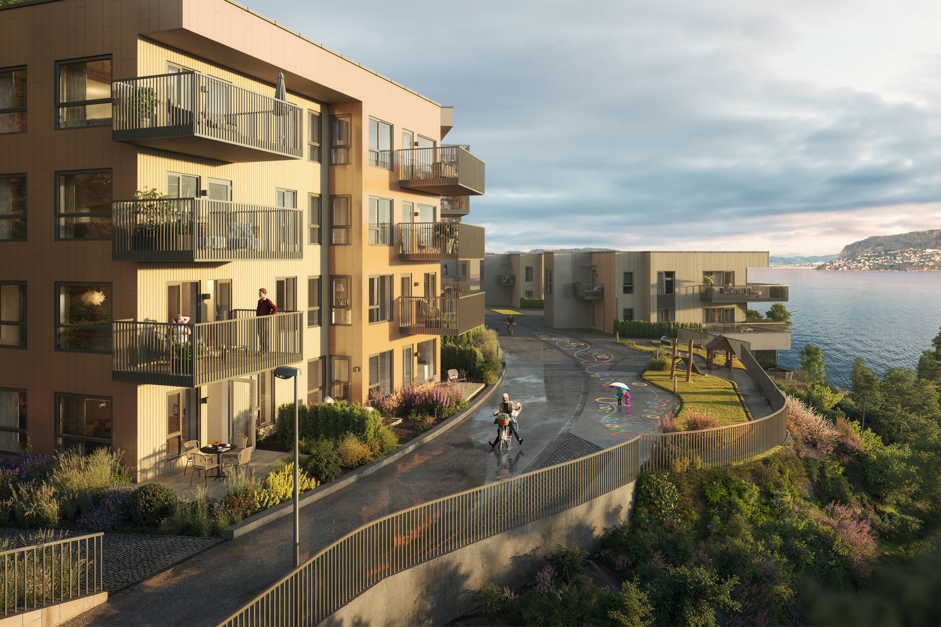 Illustrasjon av fasade på leilighetsbygg hus A, med lekeplass utenfor, på Byfjordporten.