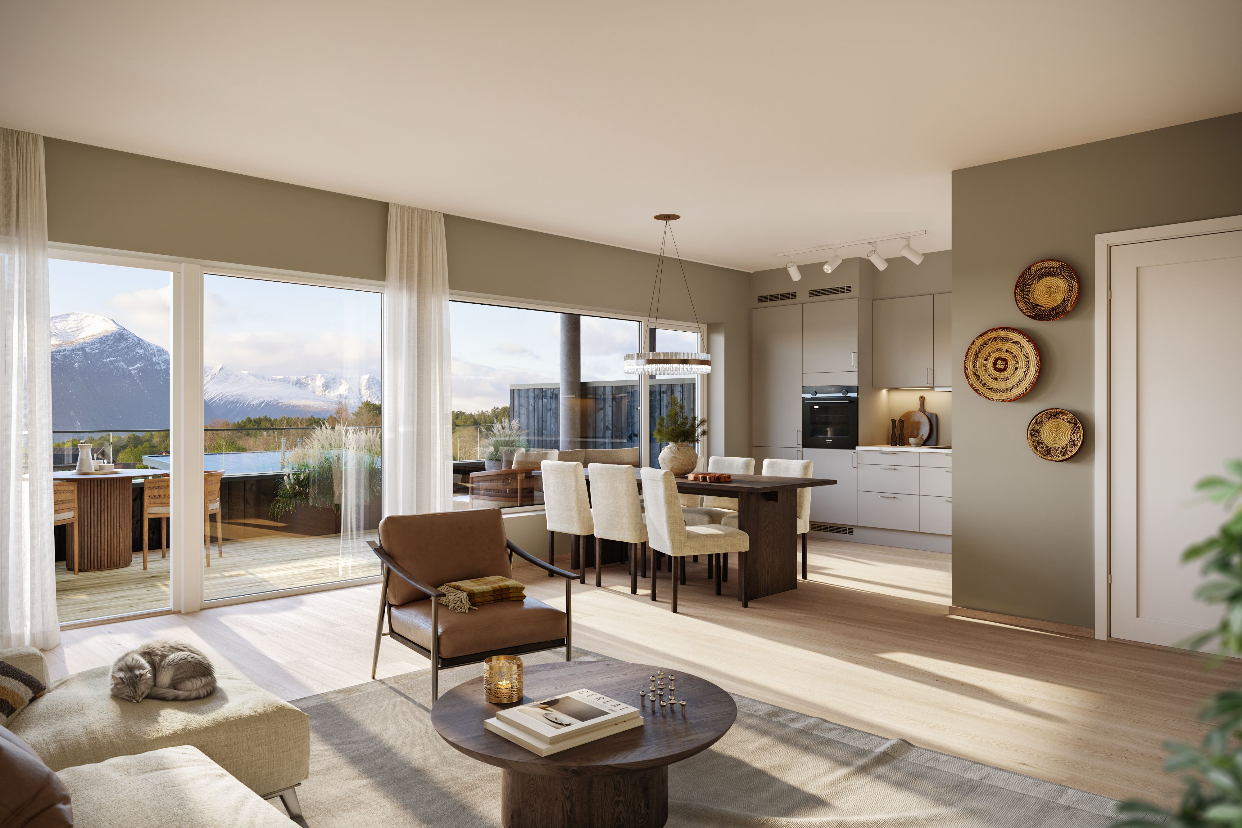 Illustrasjon av stue og kjøkken mot terrasse i leilighet H0205, på Fjordsyn