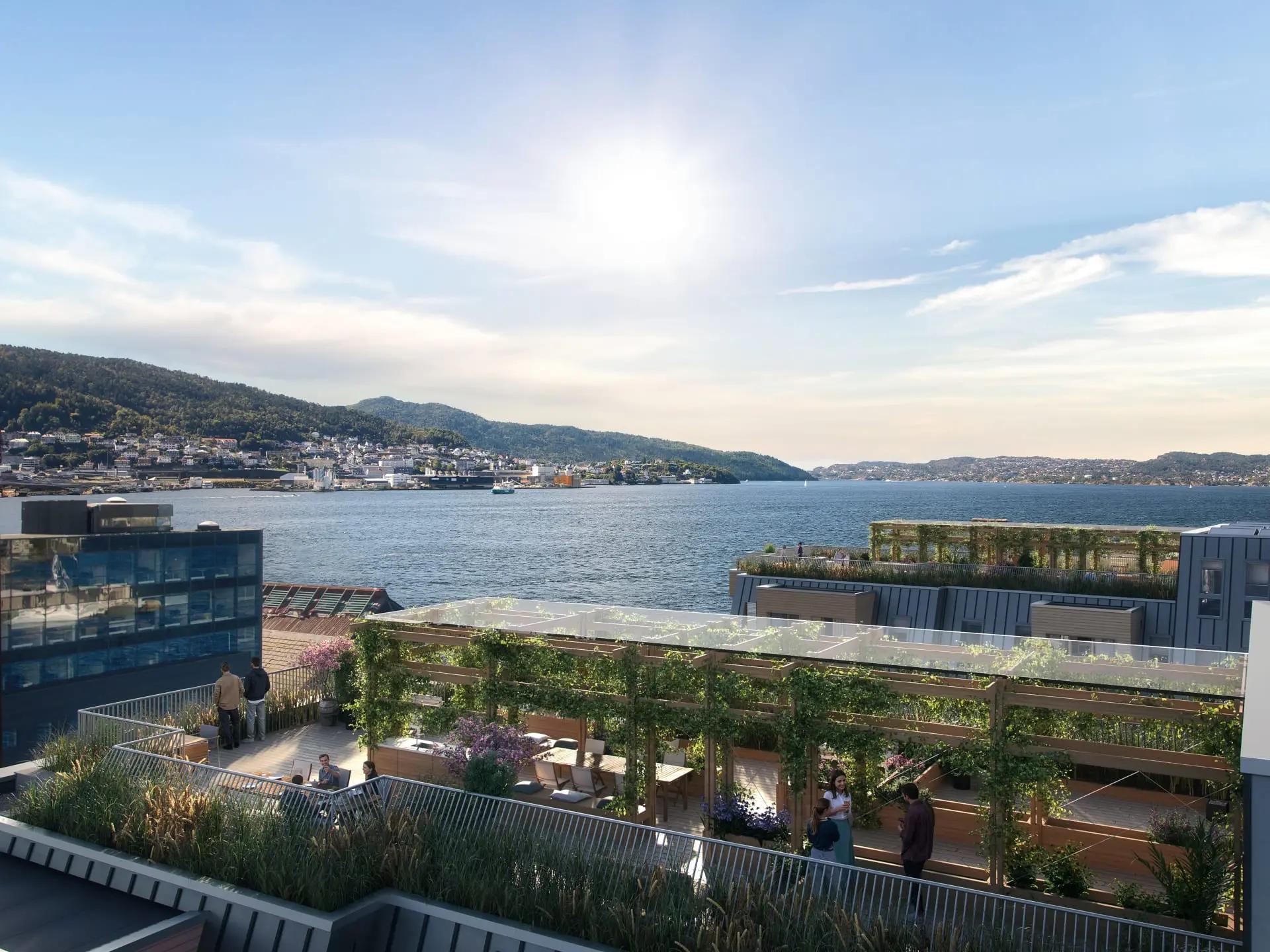 Illustrasjon av takterrasse med utsikt over Puddefjorden