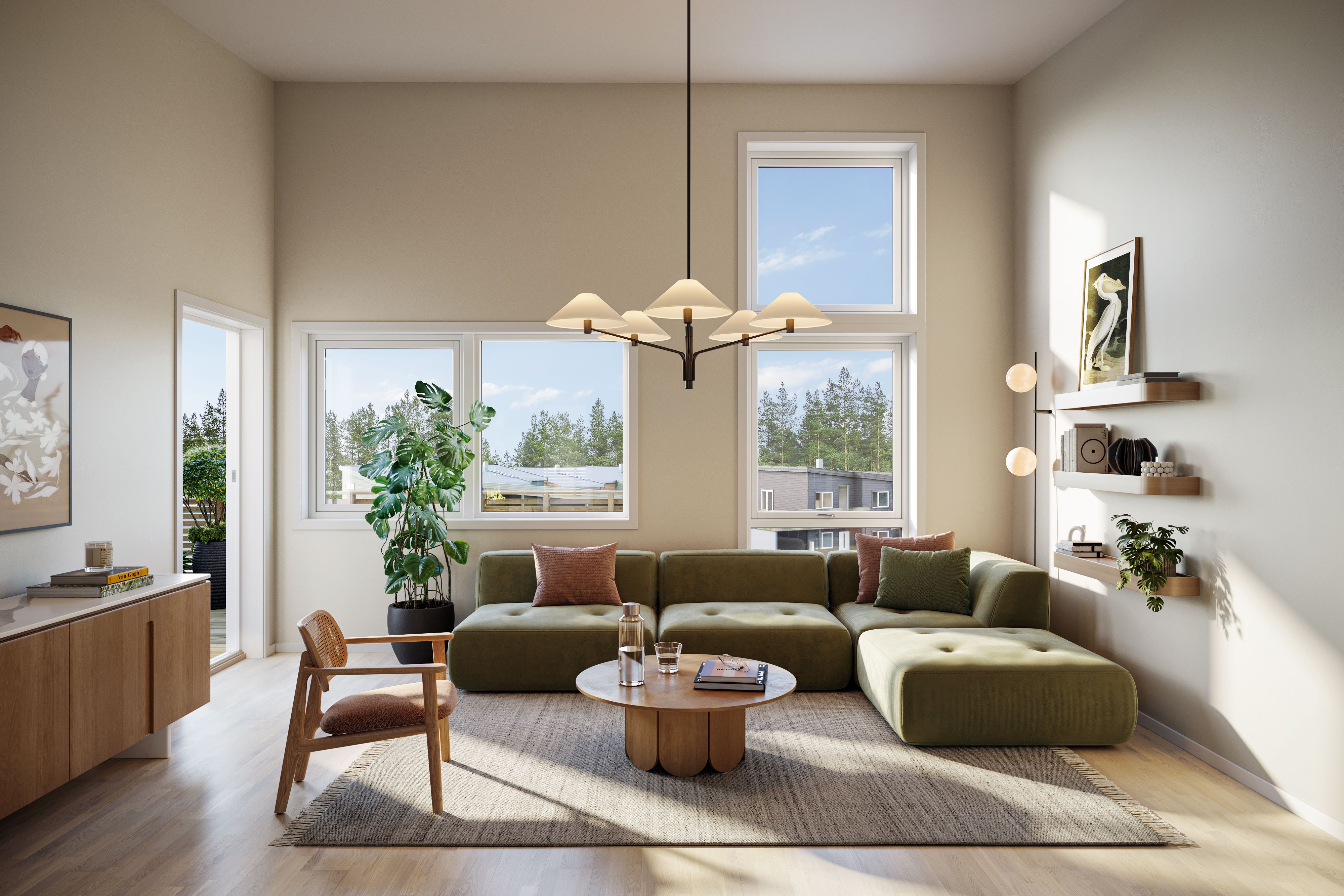 Illustrasjon av stue i rekkehus, hus 7, på Pepperstad Terrasse B6