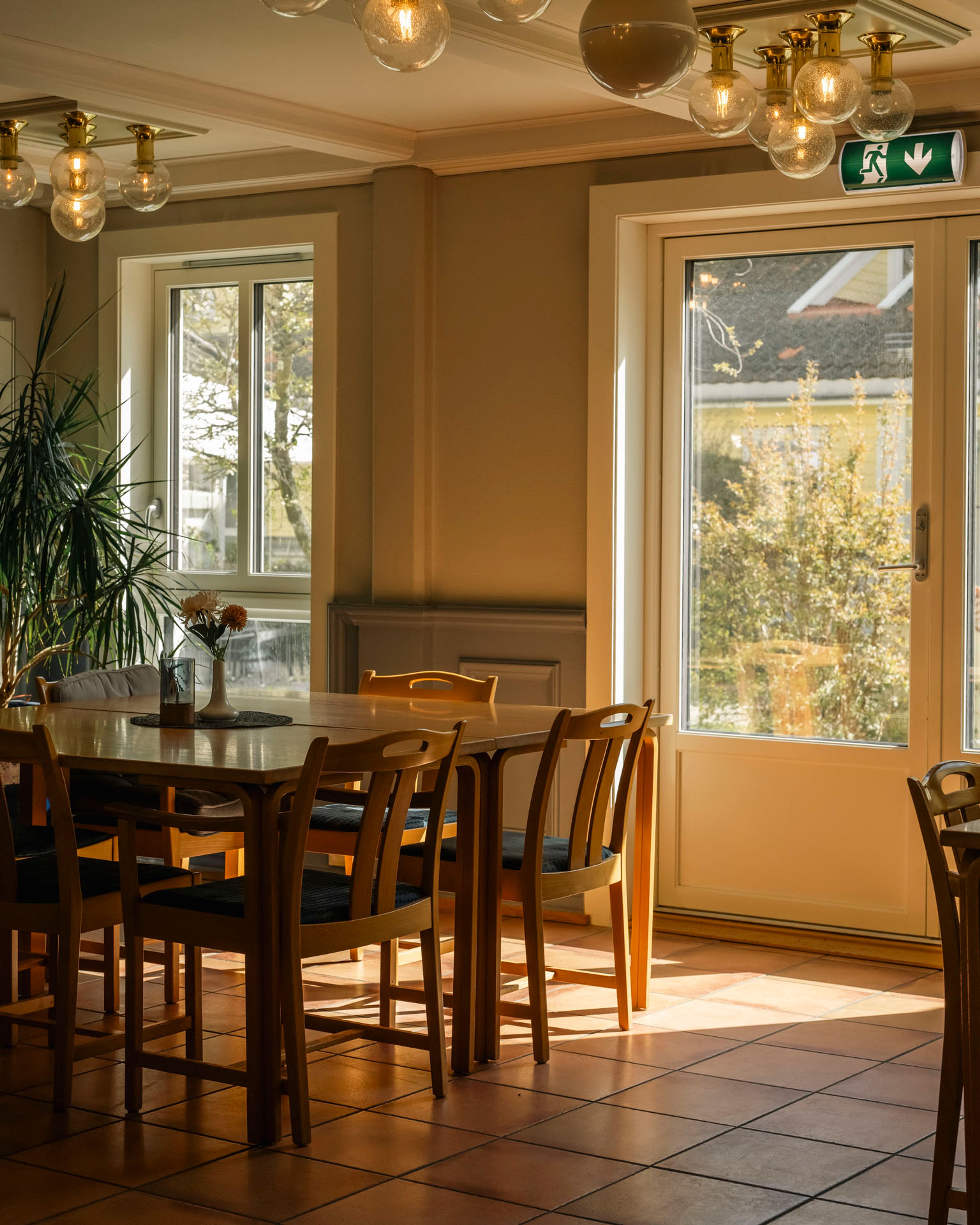 Kafeen på Holmen eldresenter med trebord, stoler og planter, sollys gjennom store vinduer og dør ut mot hagen.