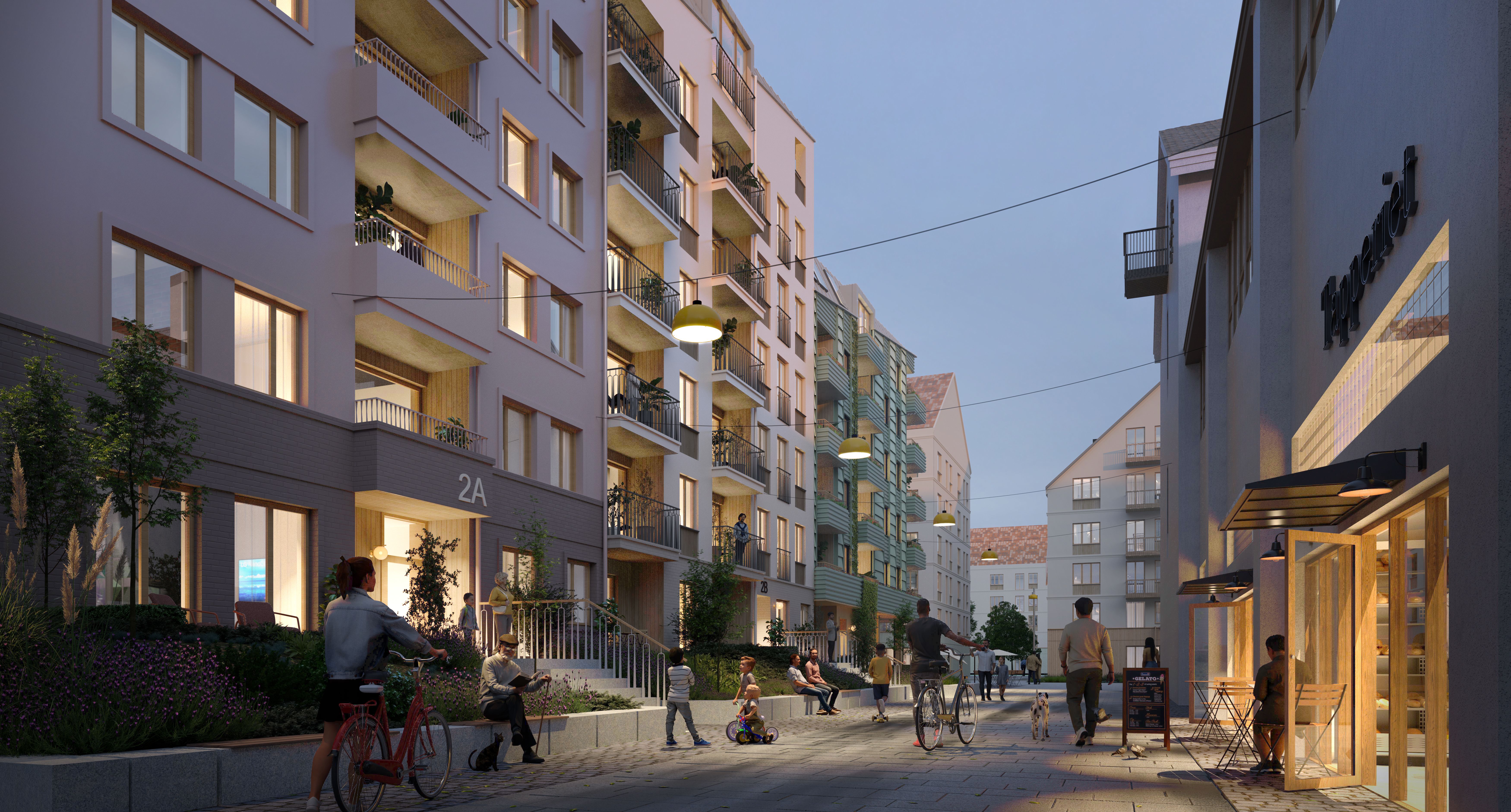 Illustrasjon av mennesker som spaserer i gaten ved boligprosjektet Bergensmeieriet.