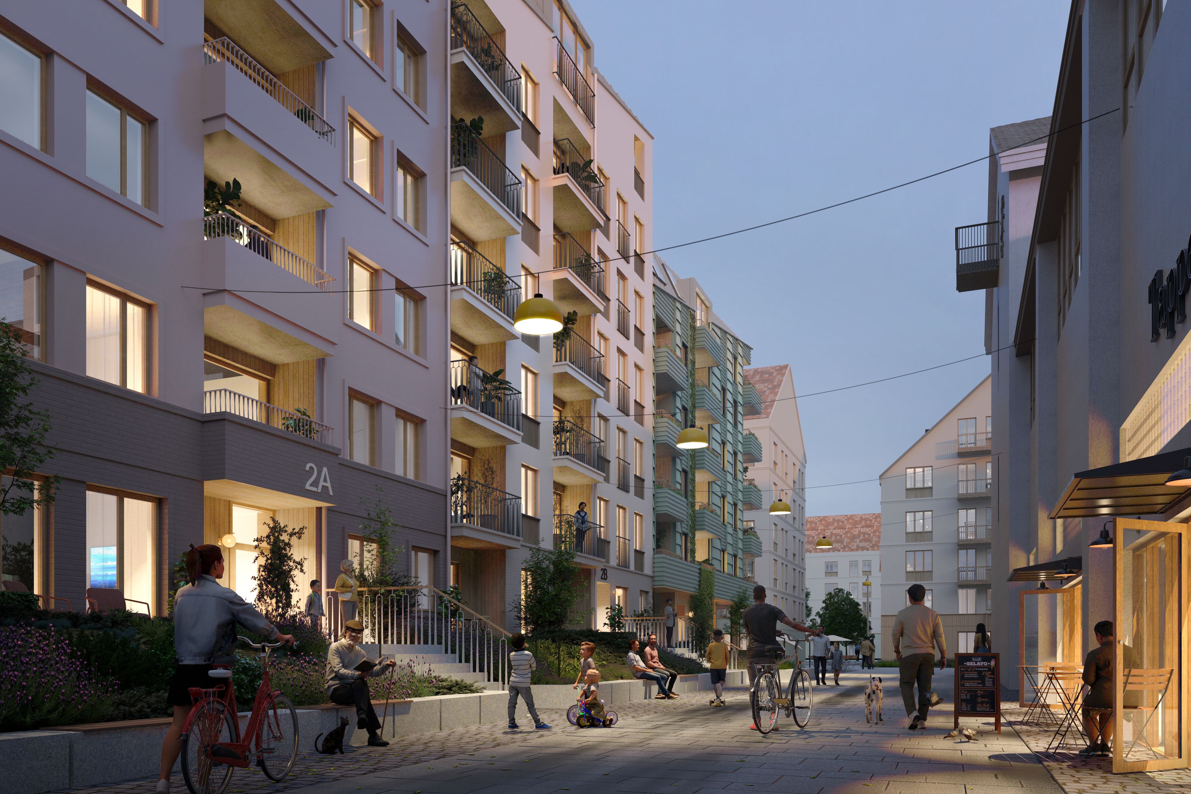 Illustrasjon av mennesker som spaserer i gaten ved boligprosjektet Bergensmeieriet.