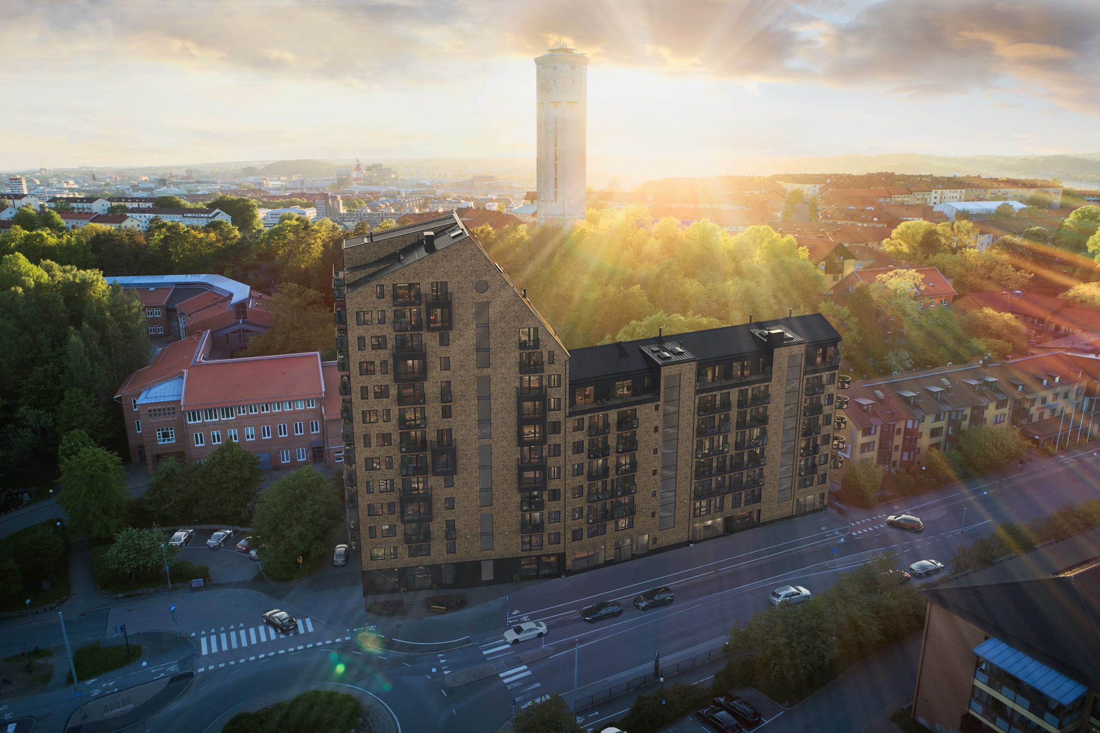 Vy mot väst som visar bostäderna