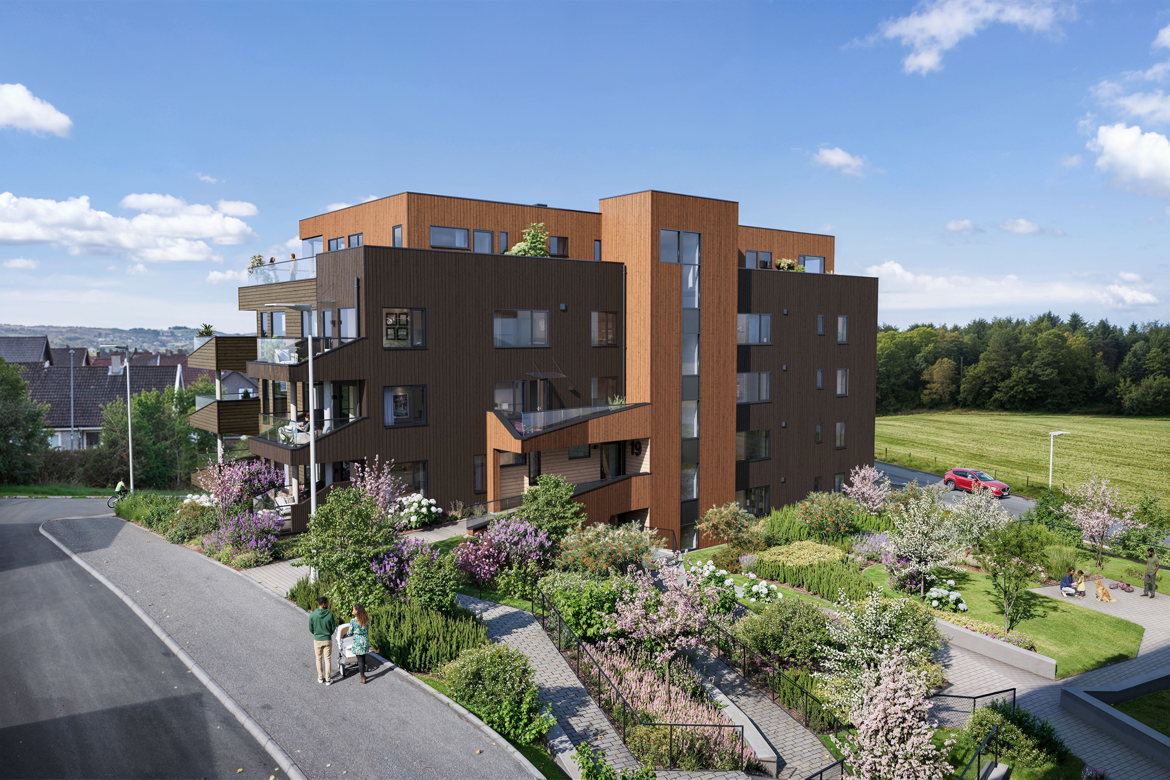 Illustrasjon av leilighetsbygg sett mot vest, delfelt BB1, Skadberg Vest