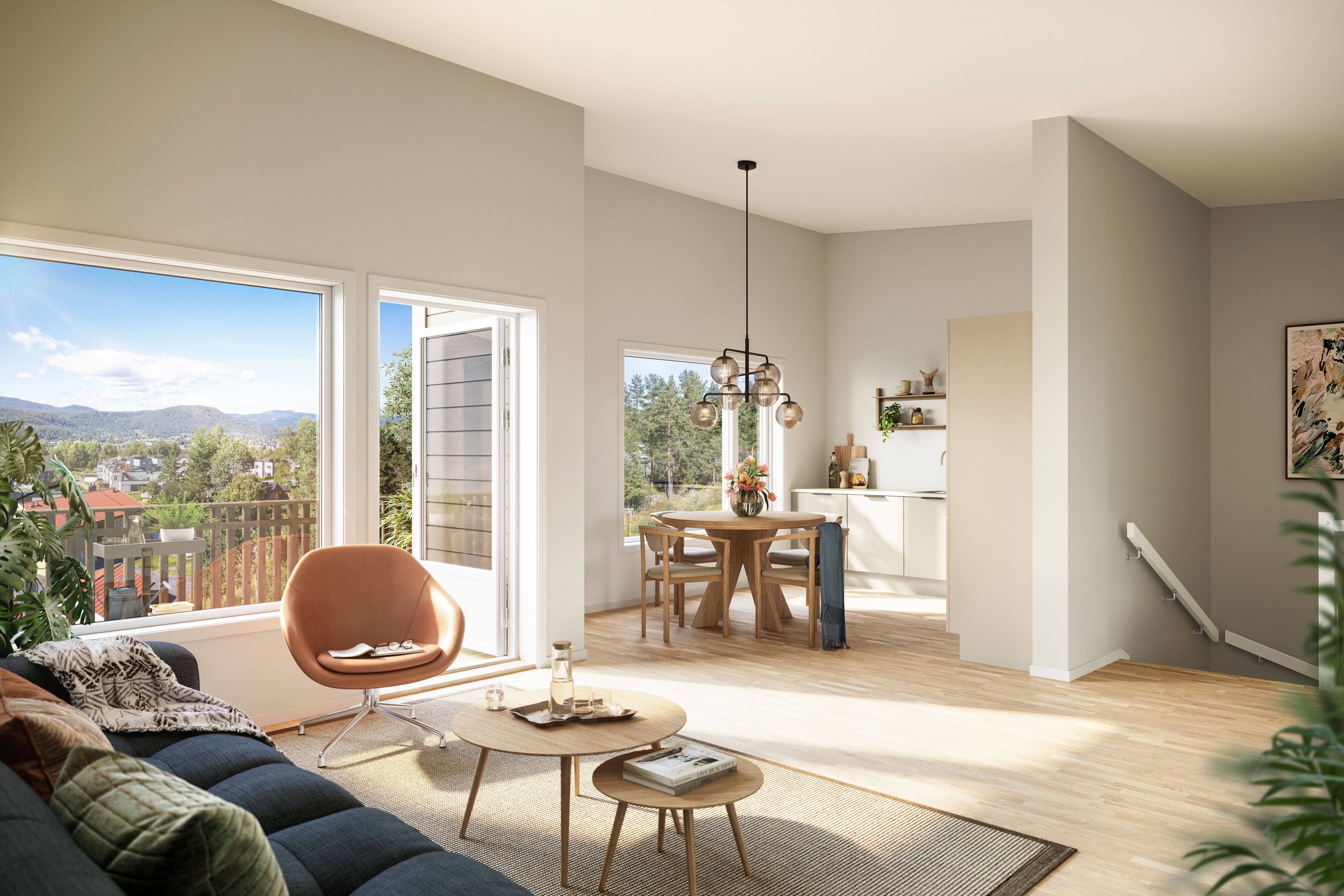 Illustrasjon av stue og spisestue i rekkehus hus 1 på Henckeltunet Park C13