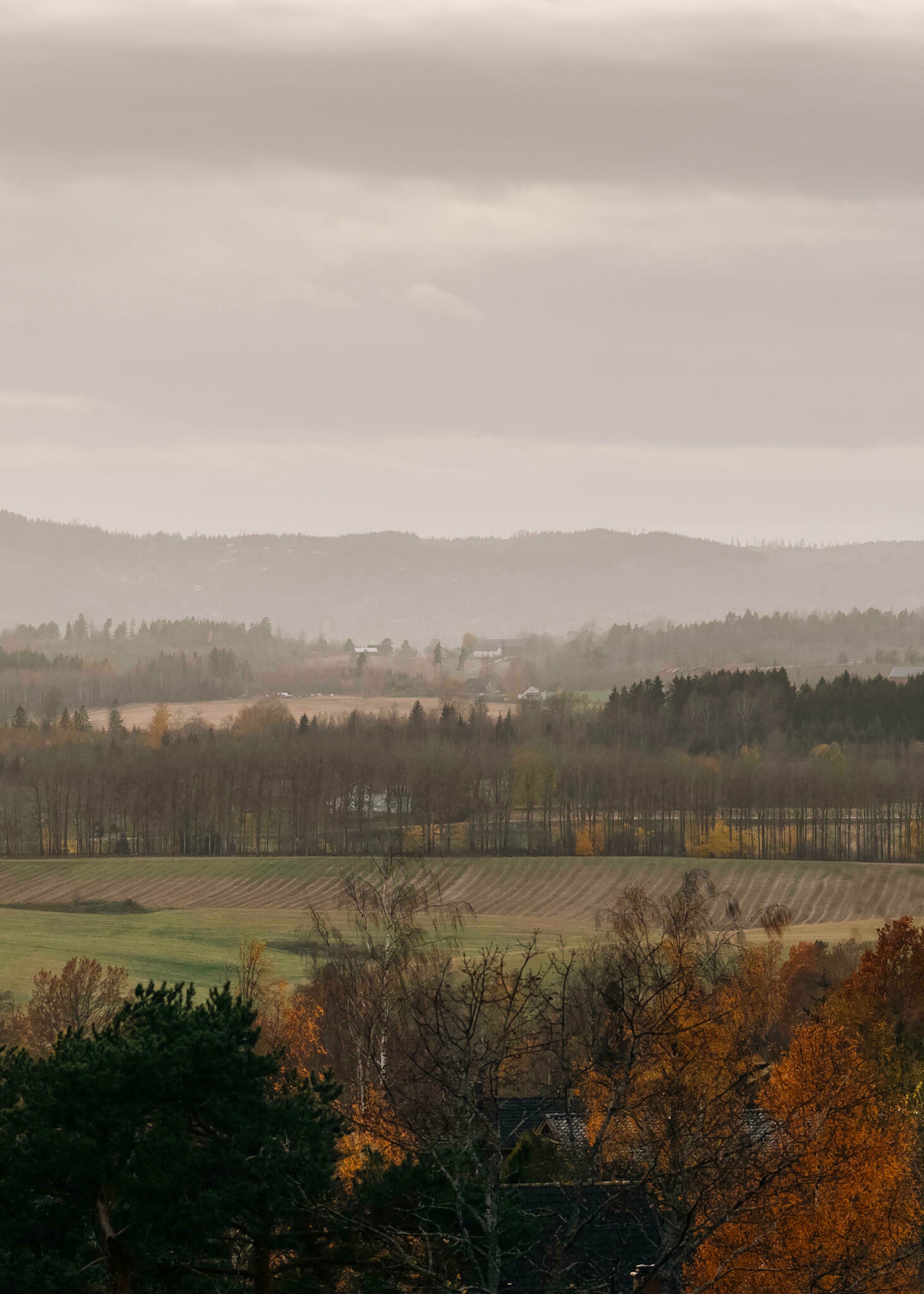 Foto av utsikten fra felles takterrasse på Brekketunet, hvor man kan se utover landskapet rundt Ås.