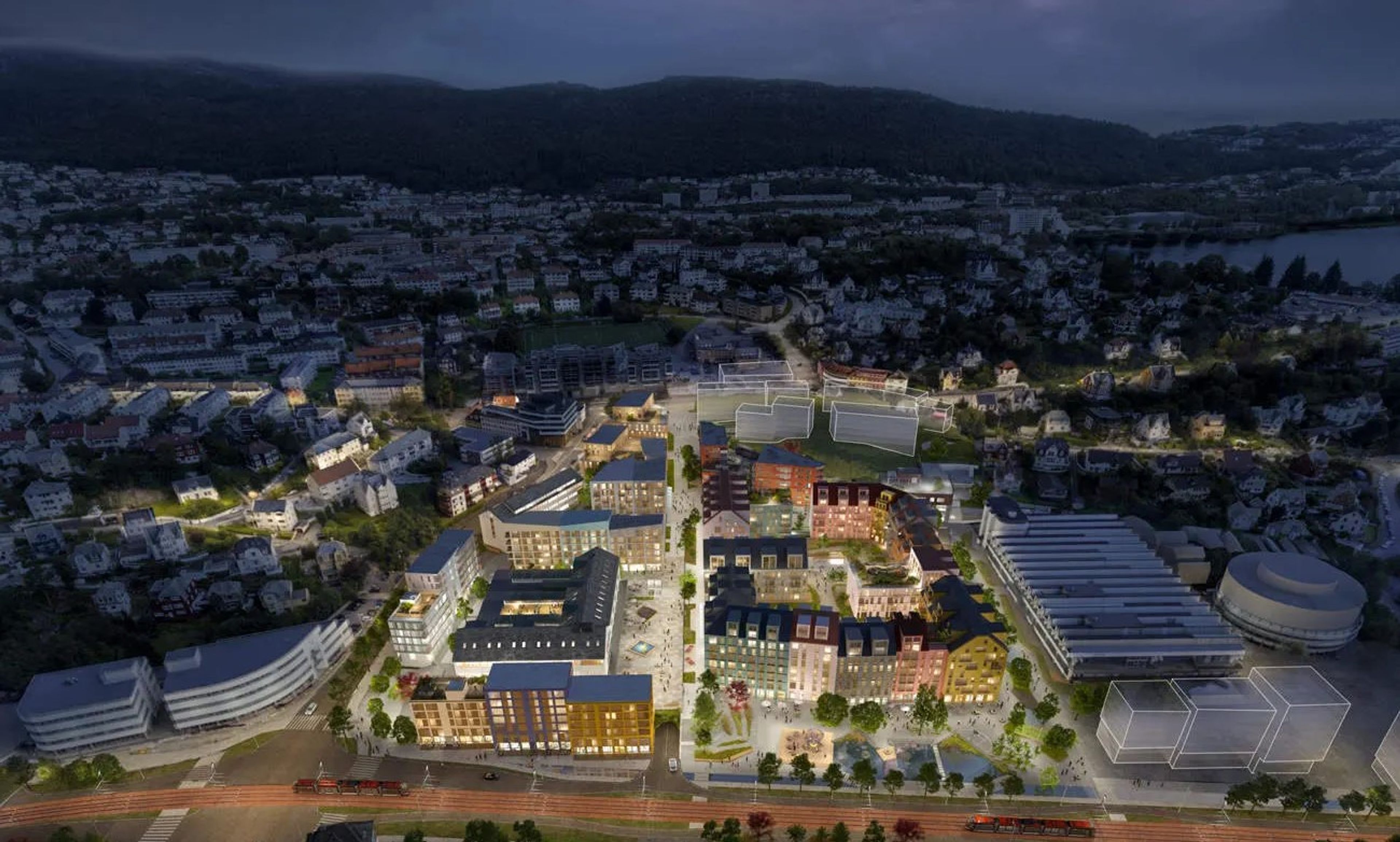 Illustrasjon av torget i boligprosjektet Bergensmeieriet.