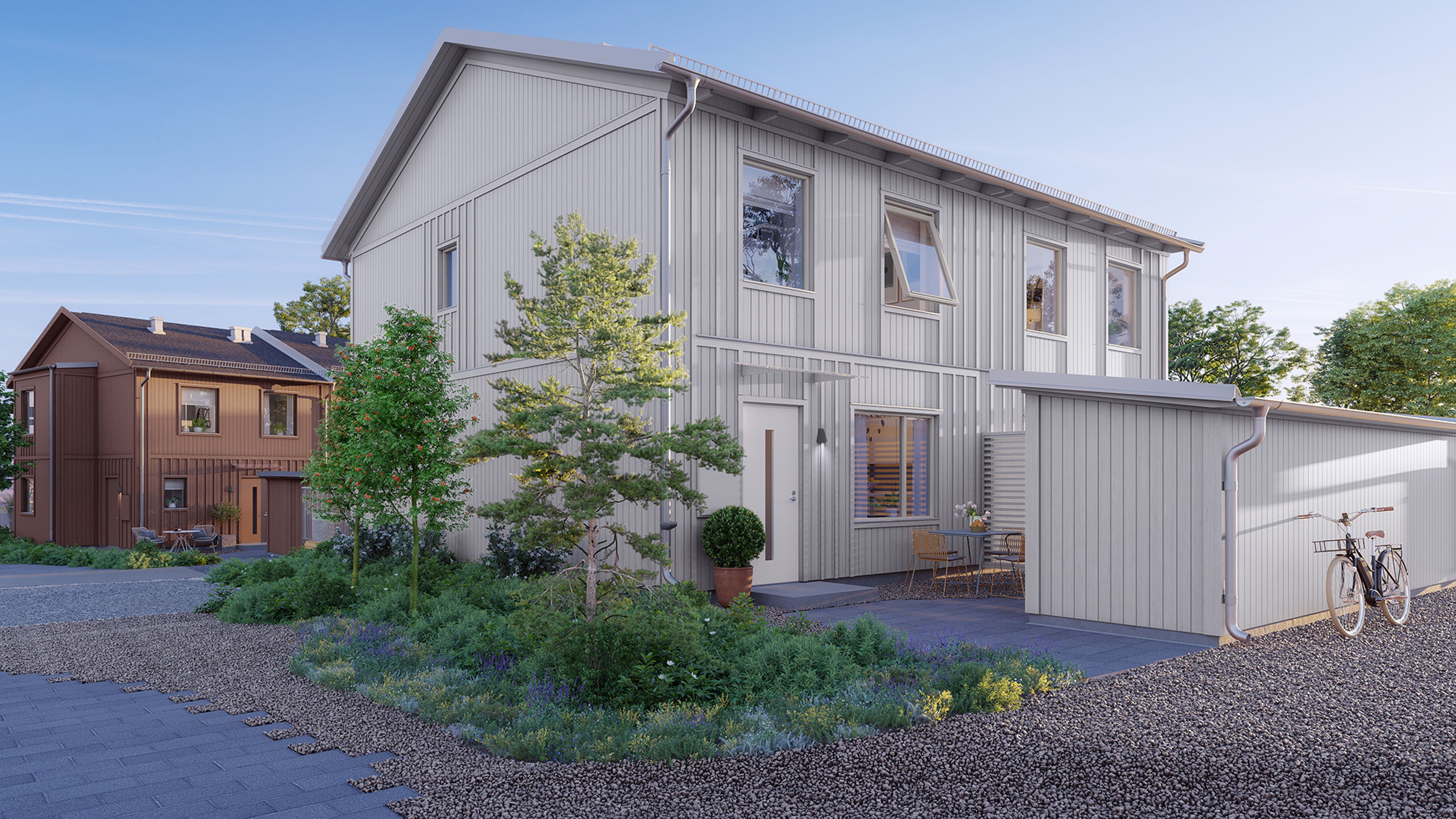 Framsida från ljusbeige parhus