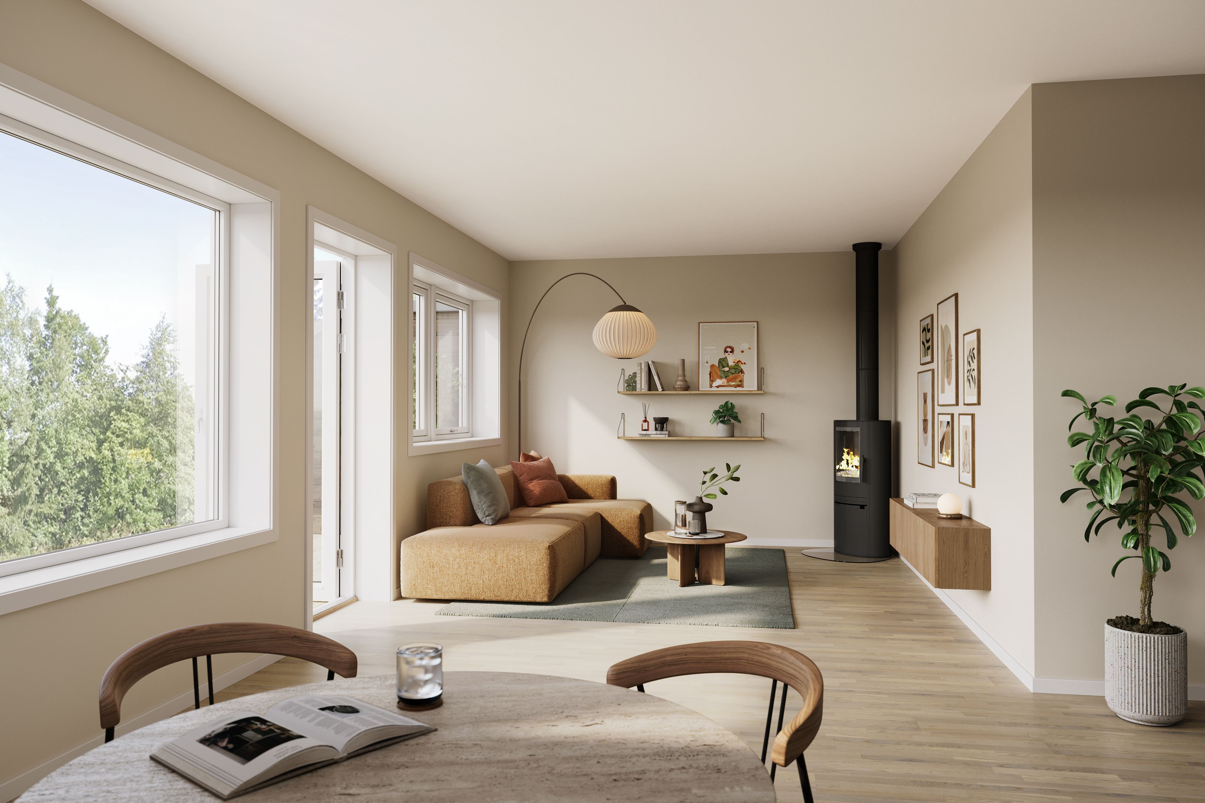 Illustrasjon av stue i rekkehus, hus 9, på Pepperstad Terrasse B6