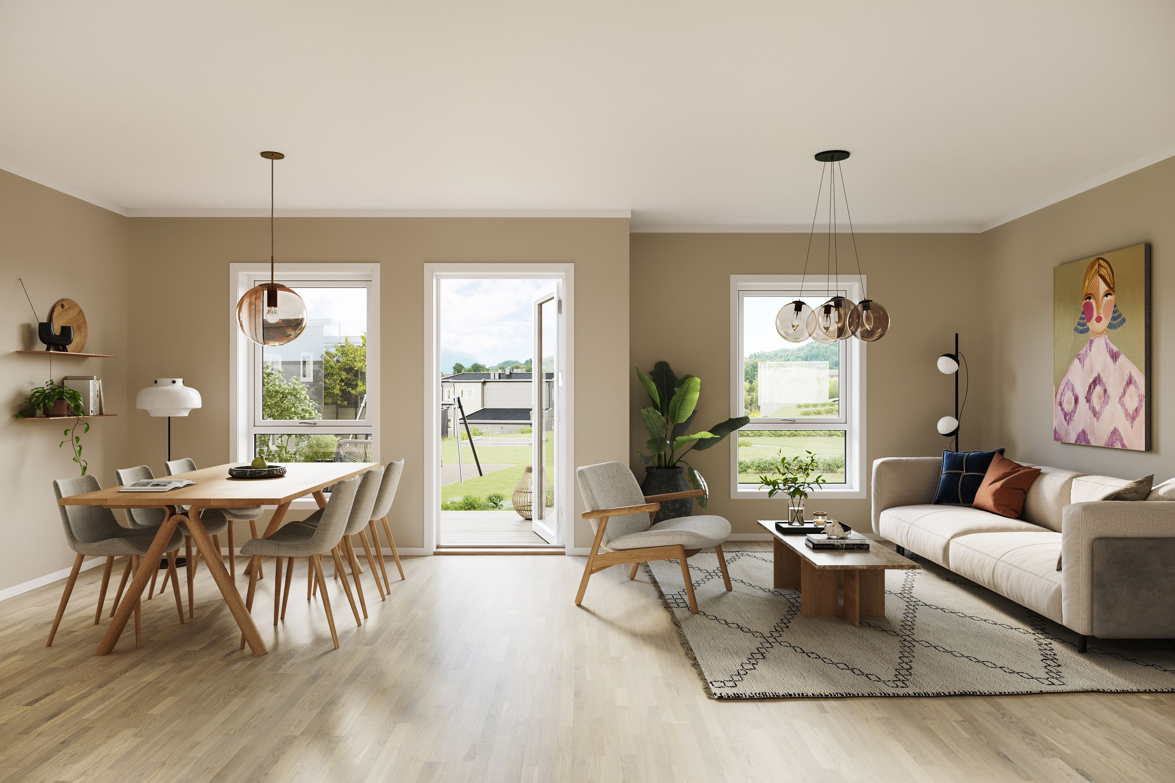 Illustrasjon av stue i tomannsbolig, hus 18, i boligprosjektet Lundheim Hage, Ålesund