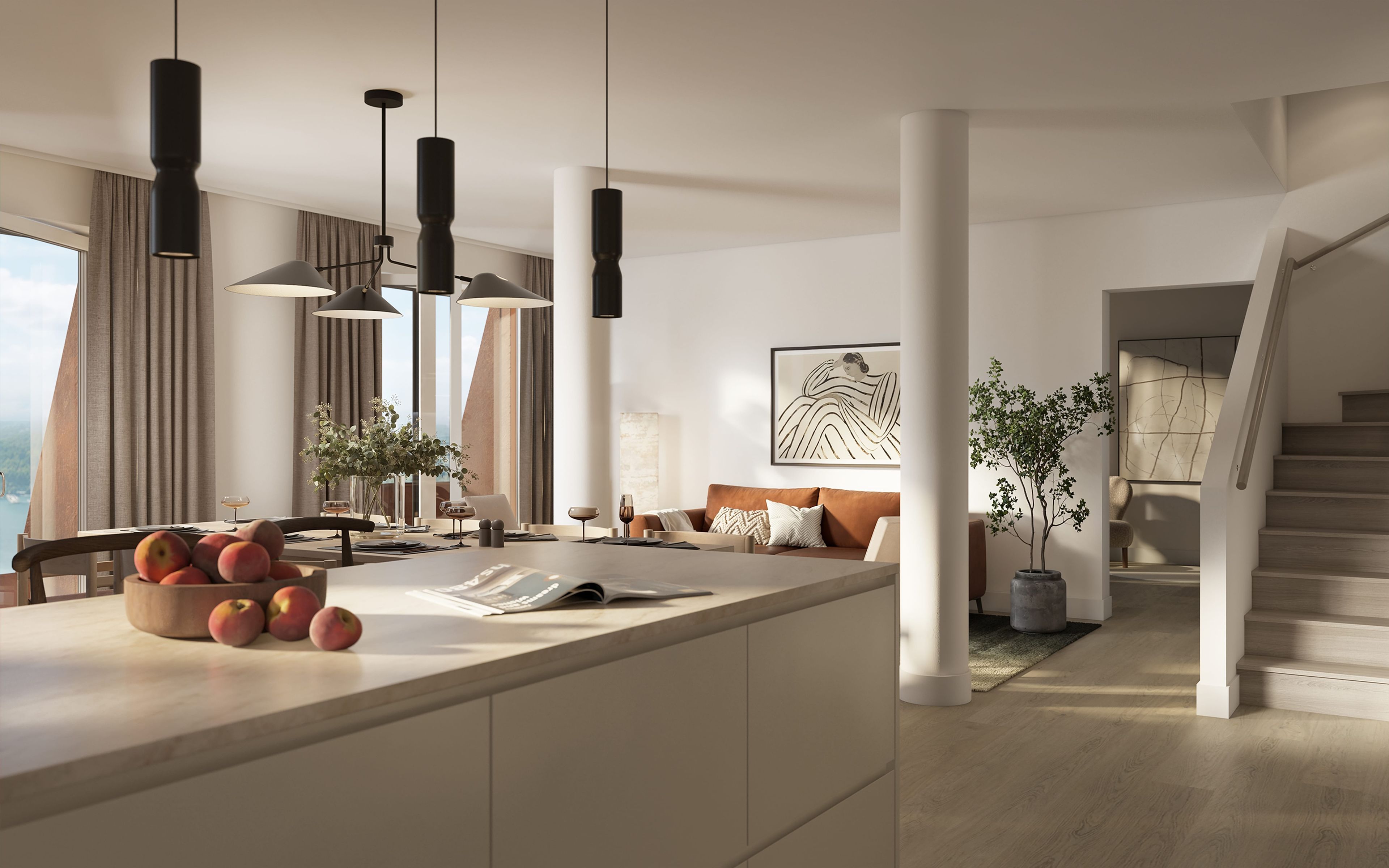 Stadsljus köksö och vardagsrum