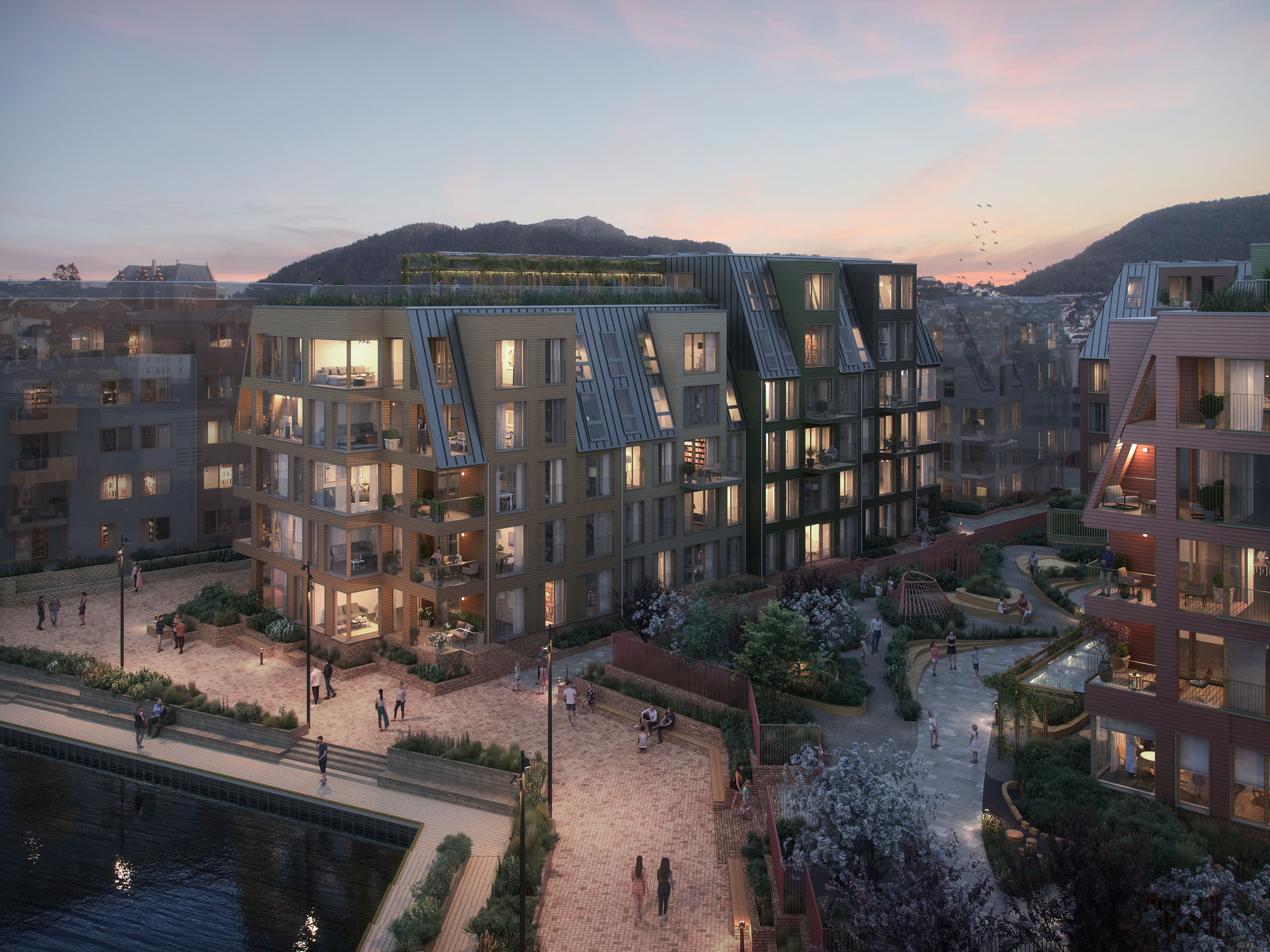 Illustrasjon av gårdsrommet mellom husene på Nøstebukten brygge, i blåtimen