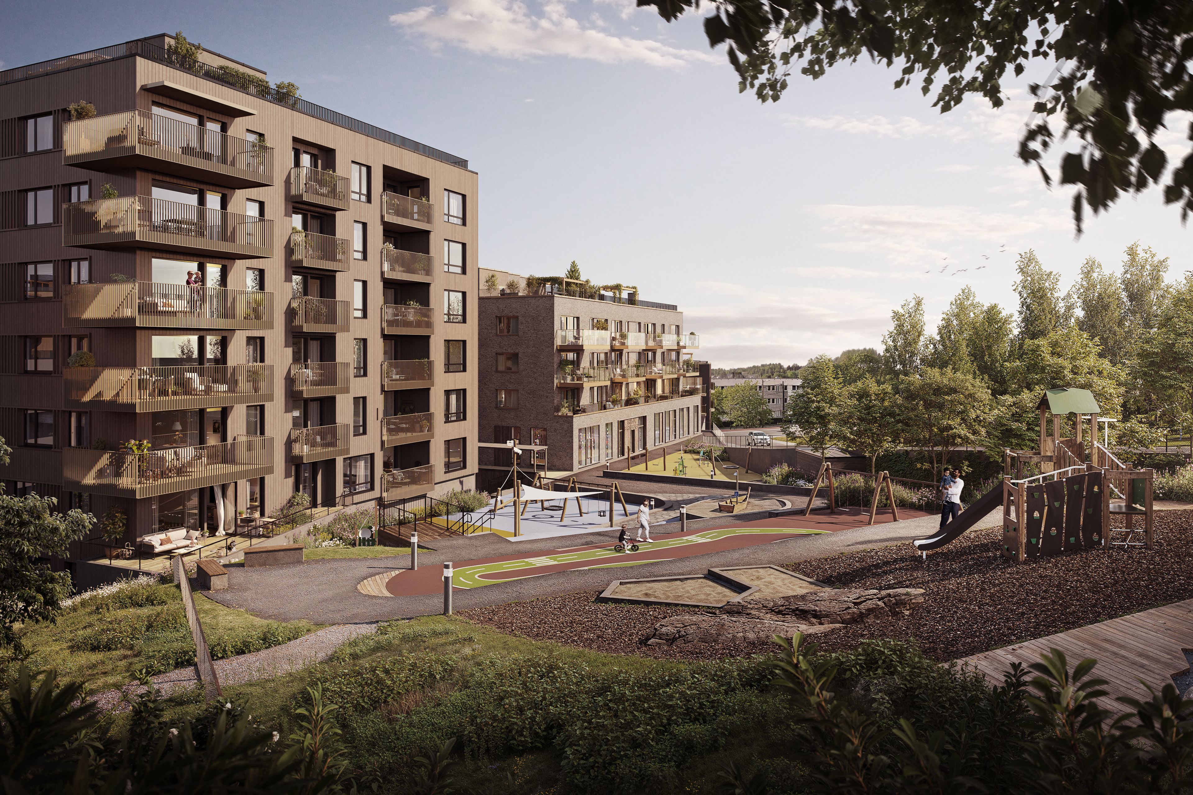 Felt E i Frysjatunet med fasader, gårdsrom og barnehage.