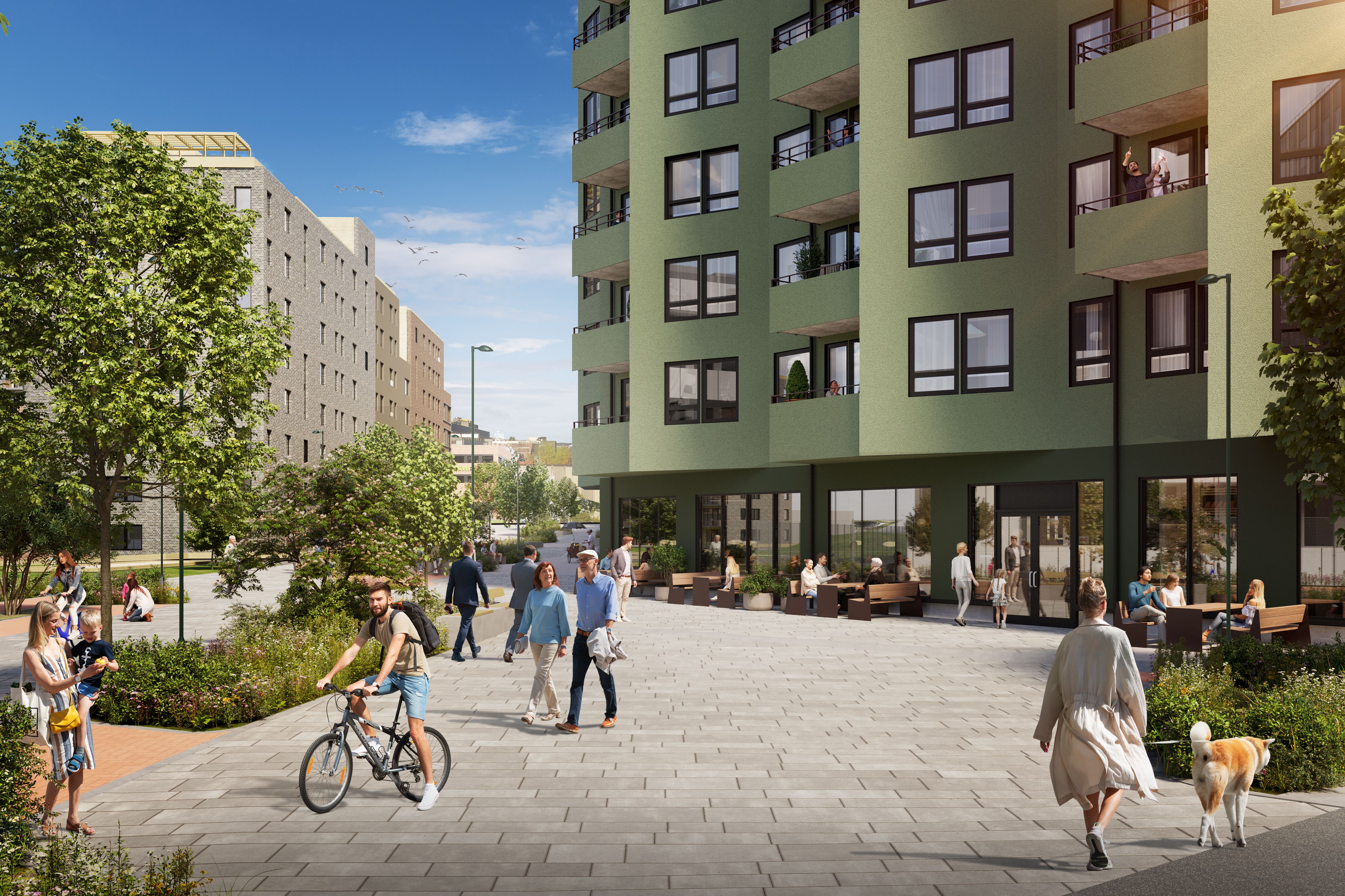 Illustrasjon av mennesker som går utenfor fasaden til UIvenplassen