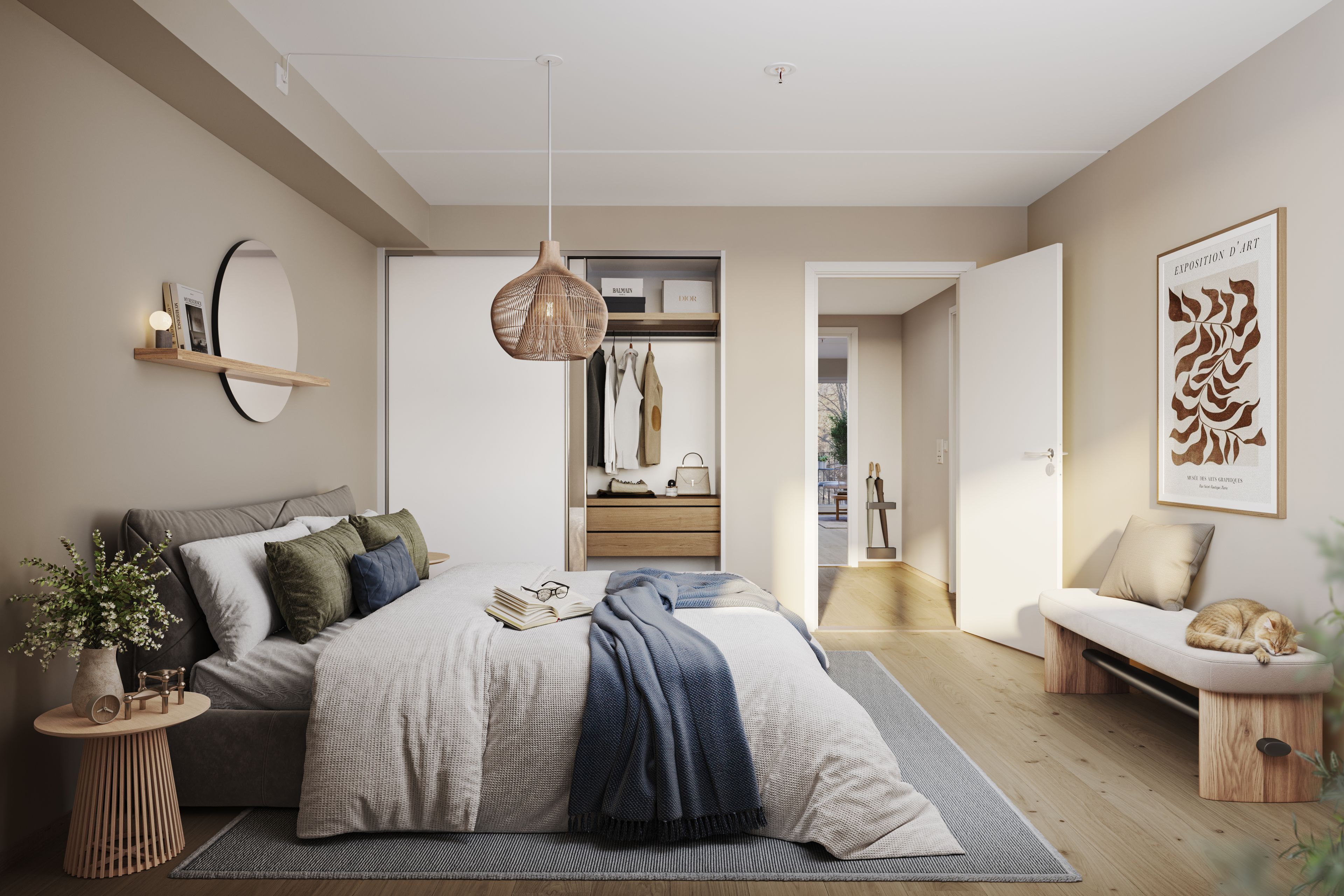 Illustrasjon av soverom med seng og skyvedørsgarderobe i Stålverket Torg