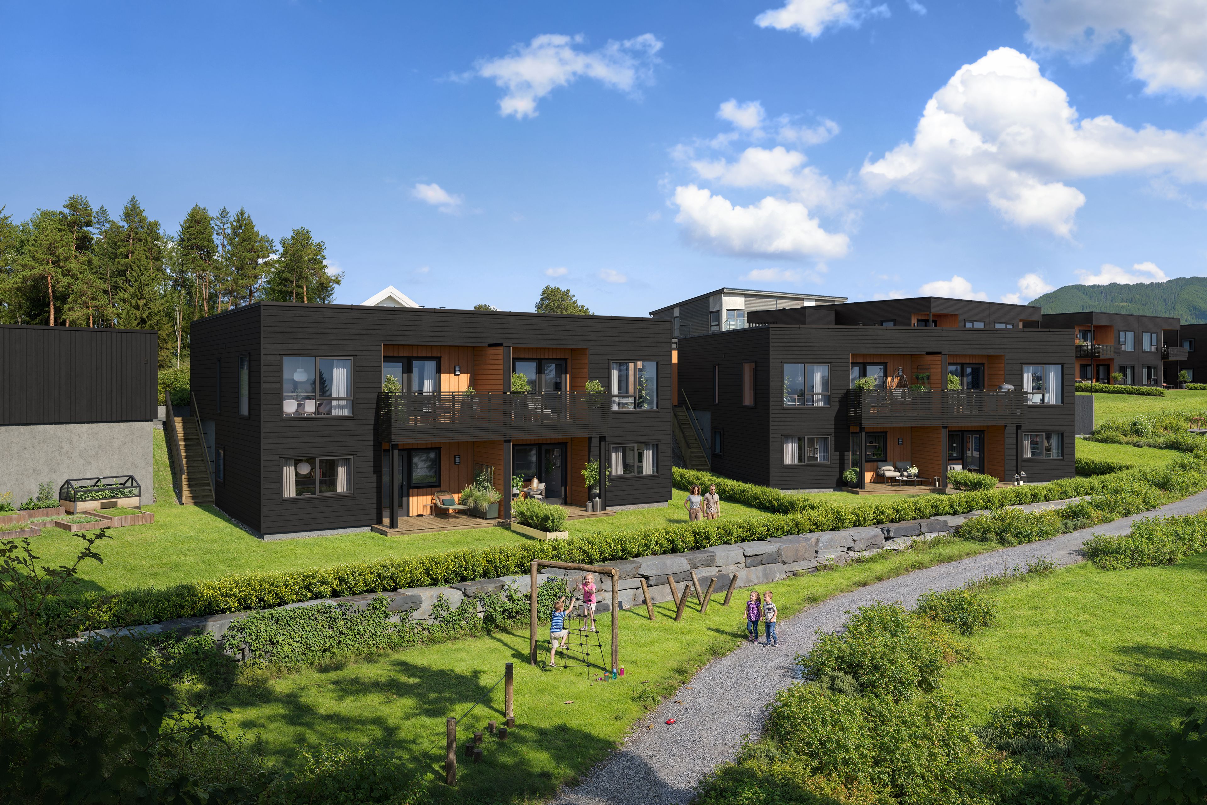 Illustrasjon av tomannsboliger, med lekeplass i forgrunnen, i Lundheim hage