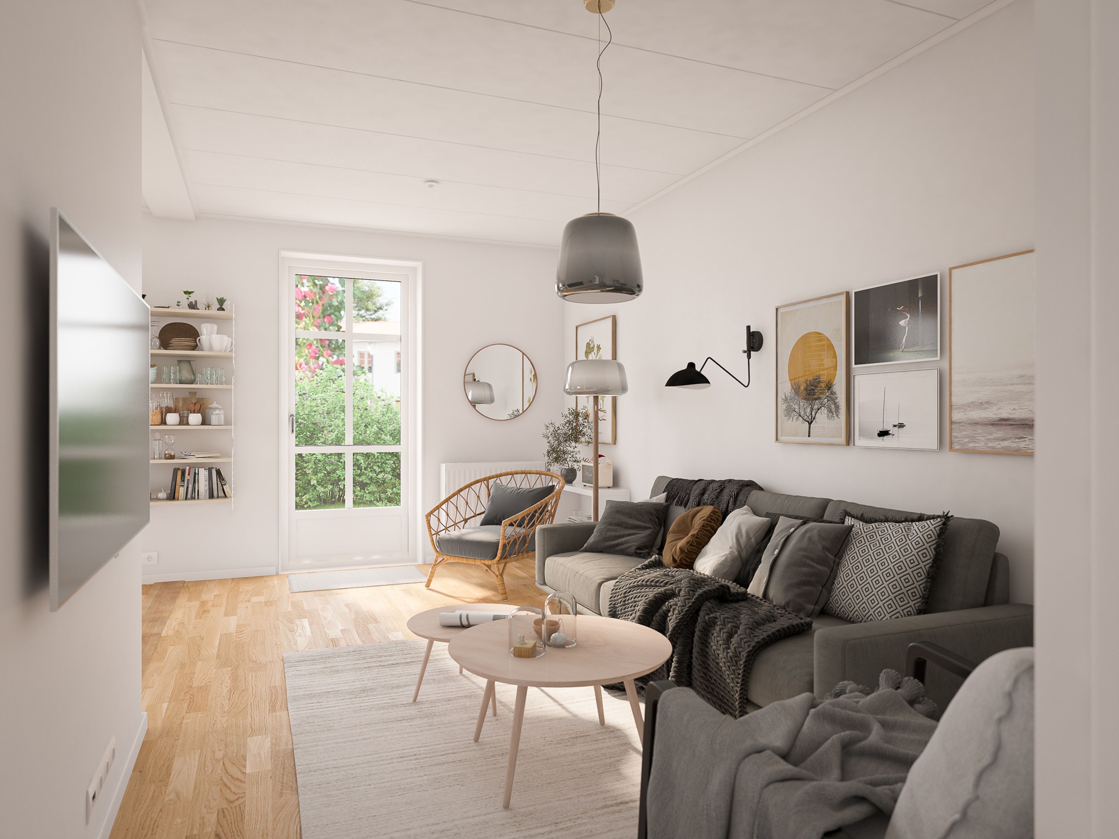 Illustration av vardagsrum med altandörr